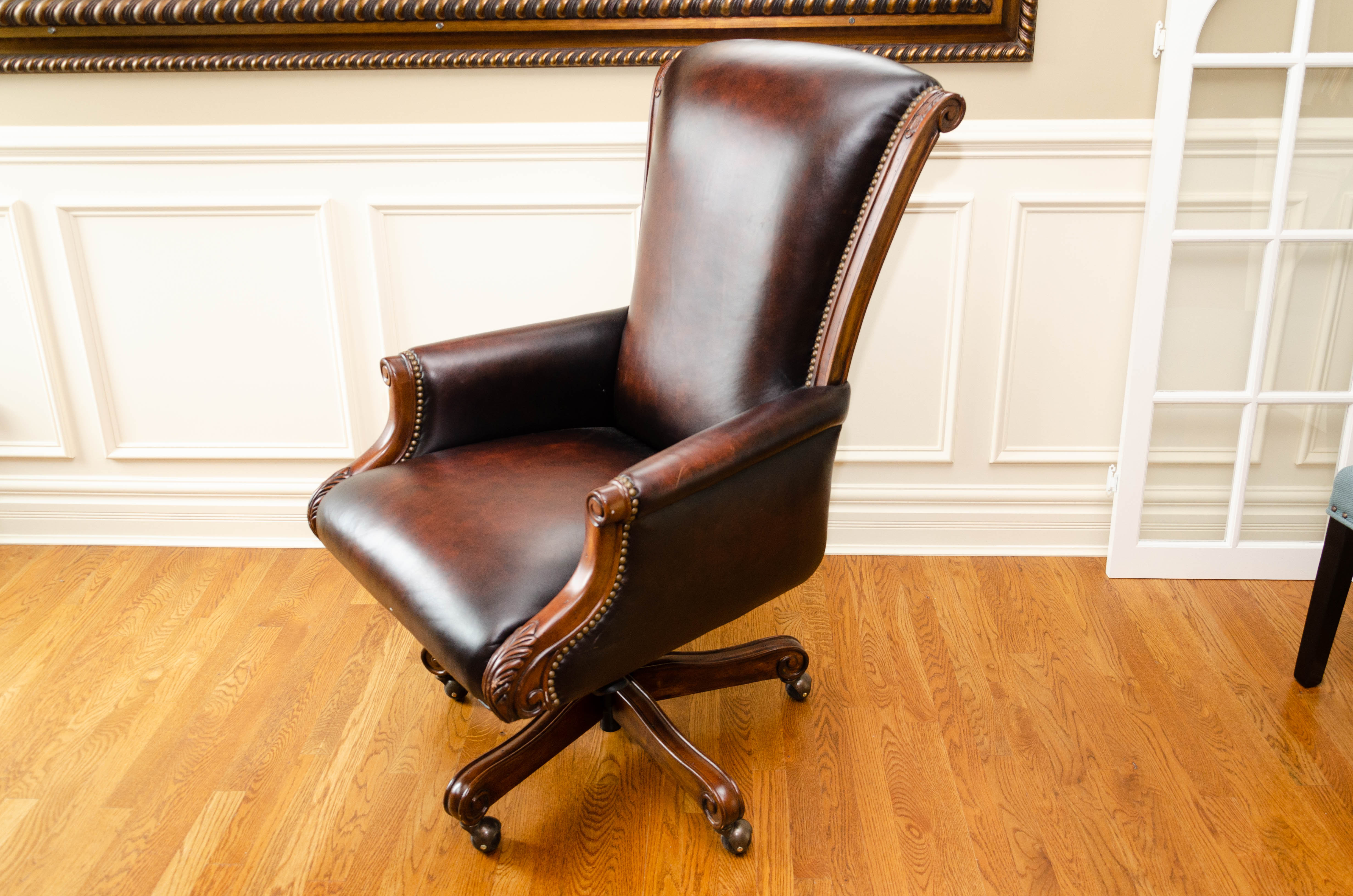 Adjustable Leather Office Chair with Brass Tack Details
