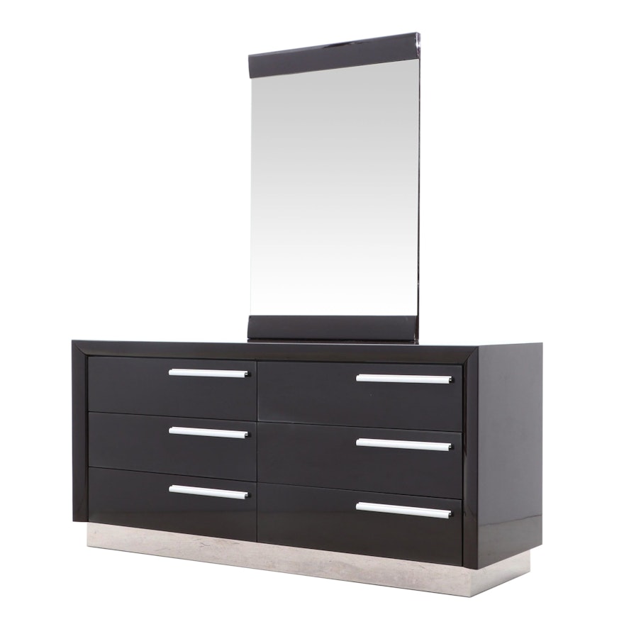 Contemporary Lacquered Ebonized Wood Dresser and Vanity Mirror