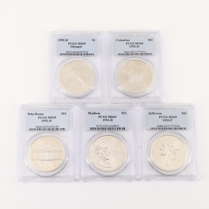 Group of Five PCGS Graded MS69 U.S. Commemorative Silver Dollars