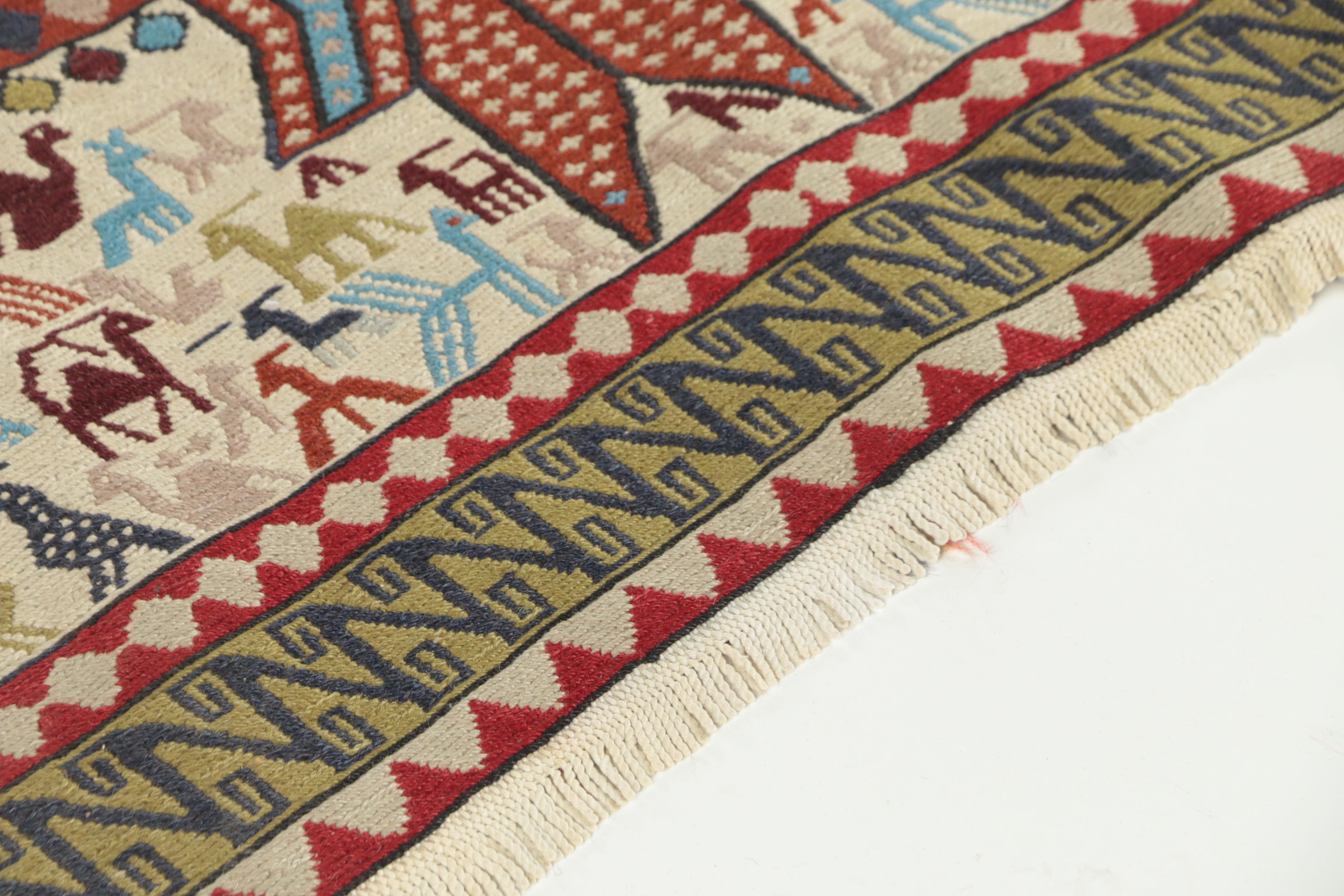 Handwoven Perisan Khamseh Wool Soumak Chicken Rug