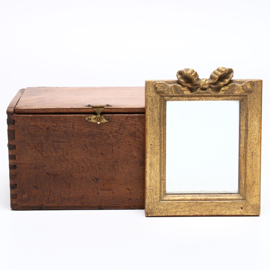 Antique Pine Document Dovetail Box with Small Decorative Giltwood Wall Mirror
