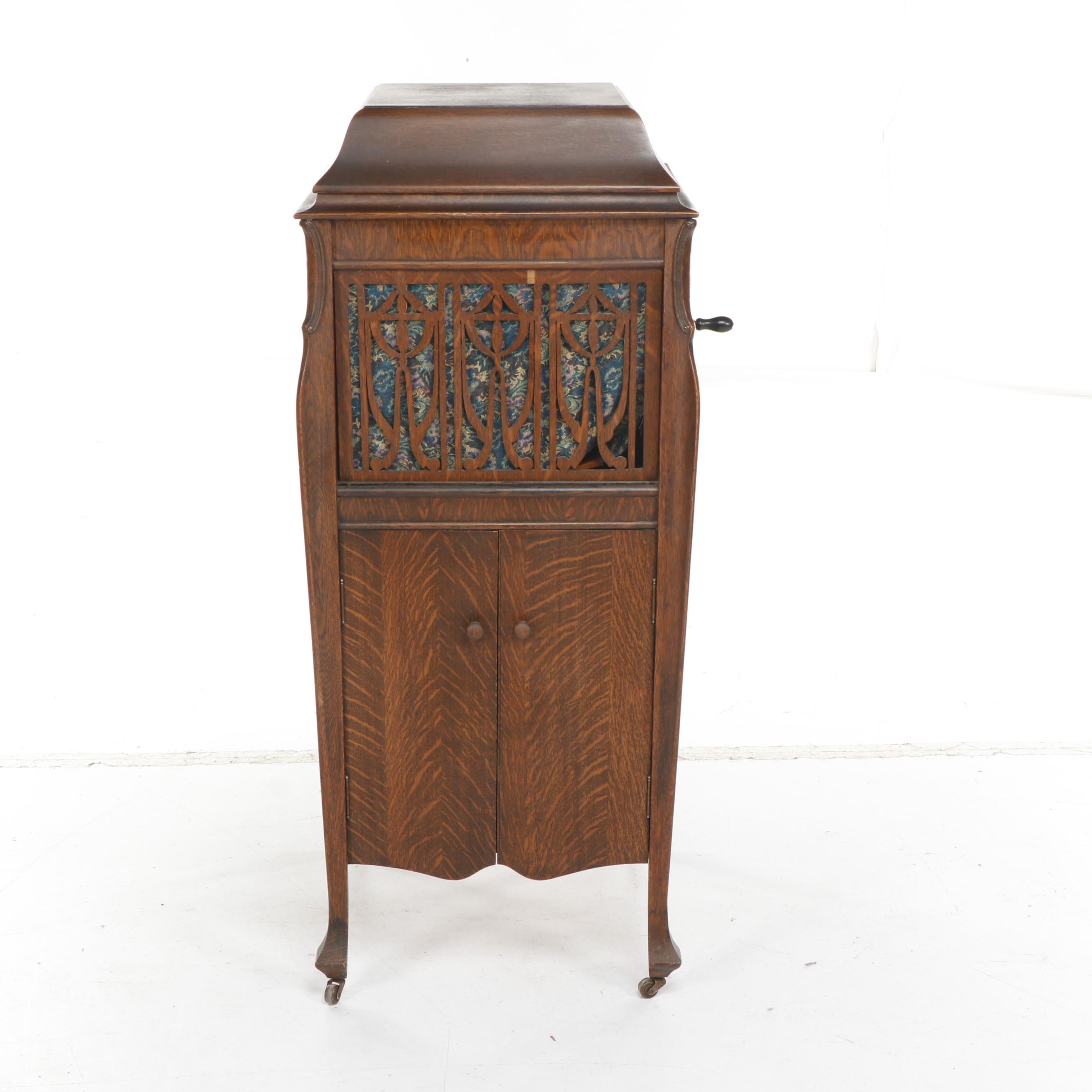 Oak Victrola Phonograph Cabinet with Records and Accessories, Early 20th Century