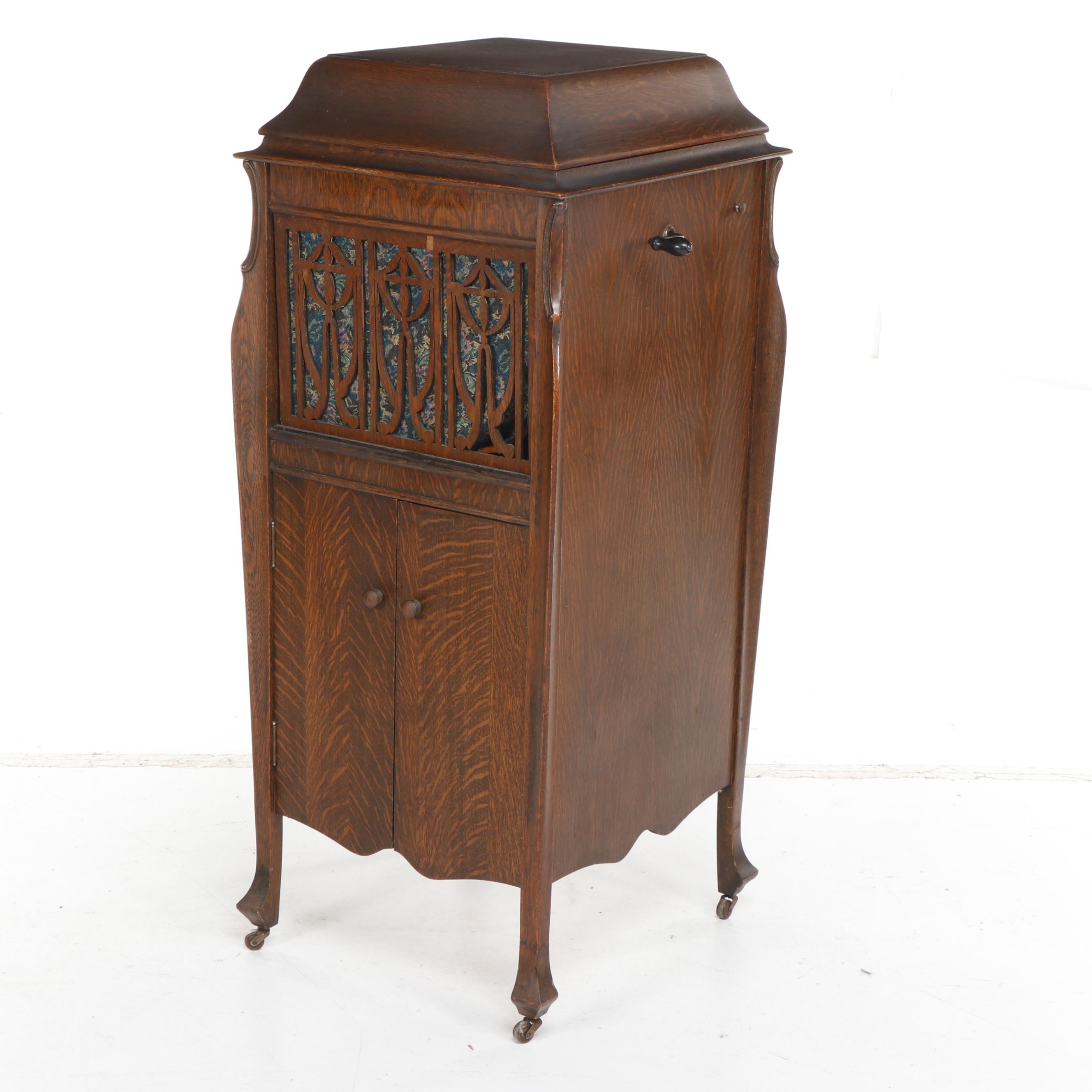 Oak Victrola Phonograph Cabinet with Records and Accessories, Early 20th Century