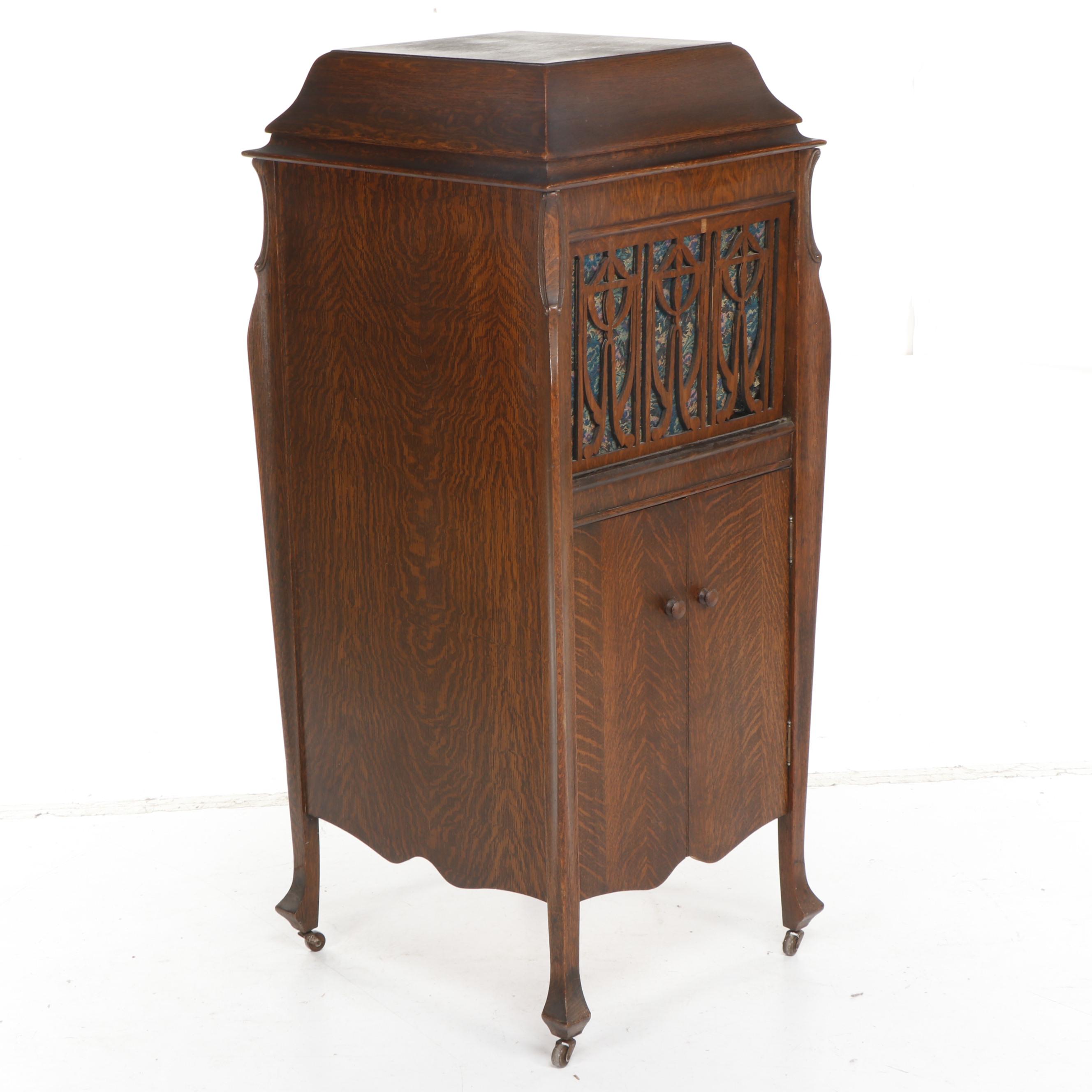 Oak Victrola Phonograph Cabinet with Records and Accessories, Early 20th Century
