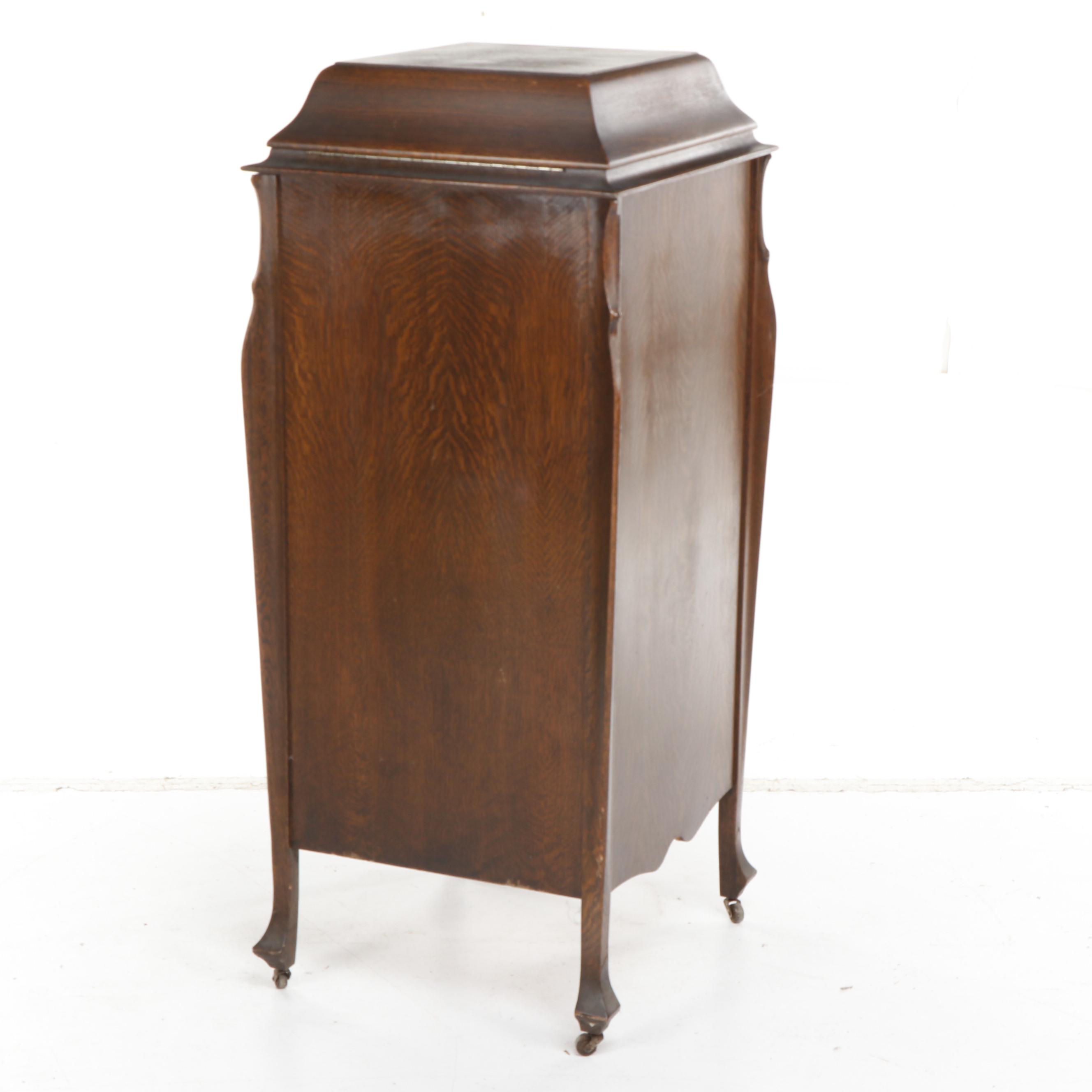 Oak Victrola Phonograph Cabinet with Records and Accessories, Early 20th Century