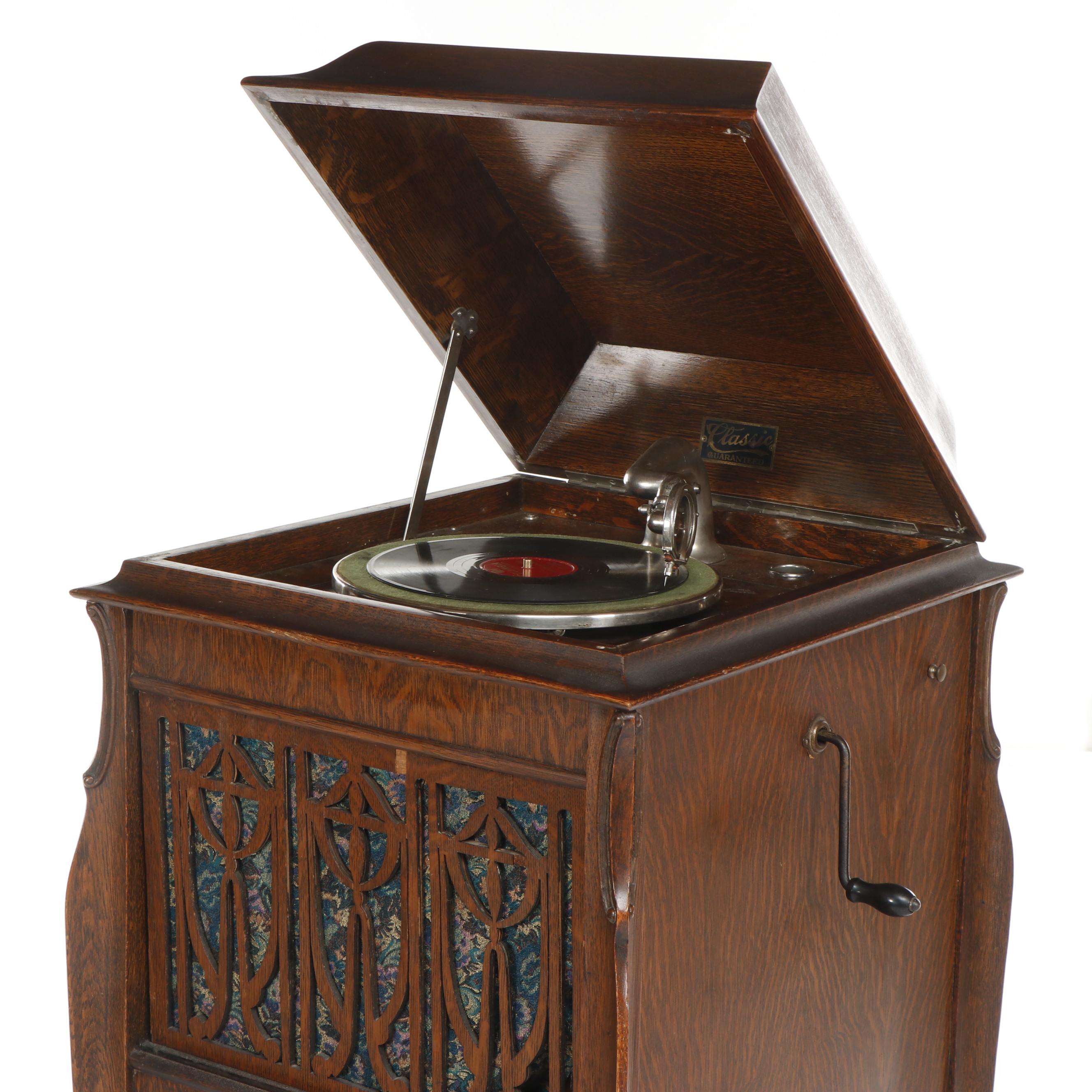 Oak Victrola Phonograph Cabinet with Records and Accessories, Early 20th Century