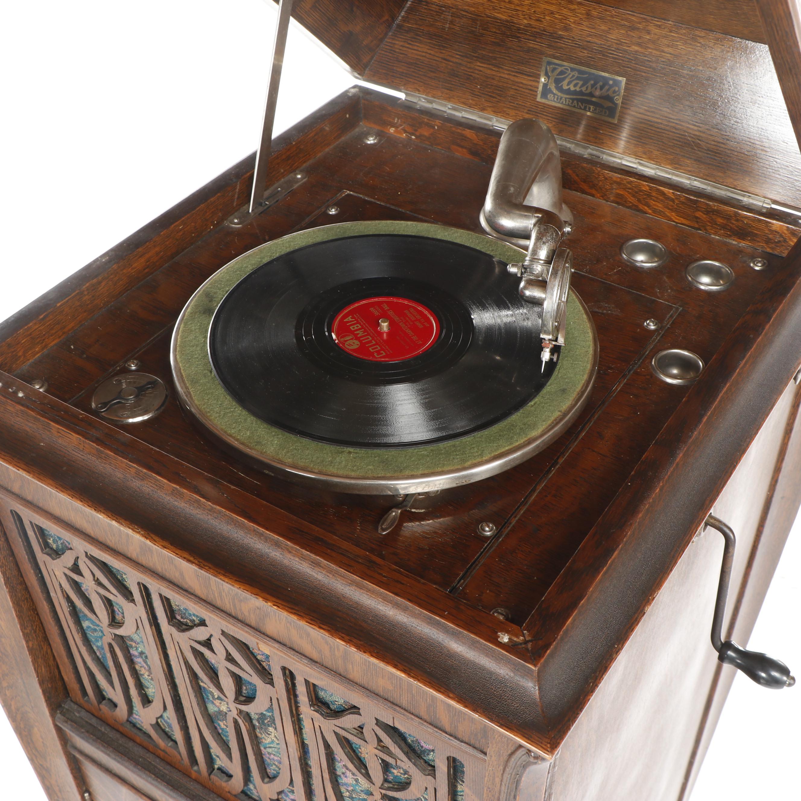 Oak Victrola Phonograph Cabinet with Records and Accessories, Early 20th Century