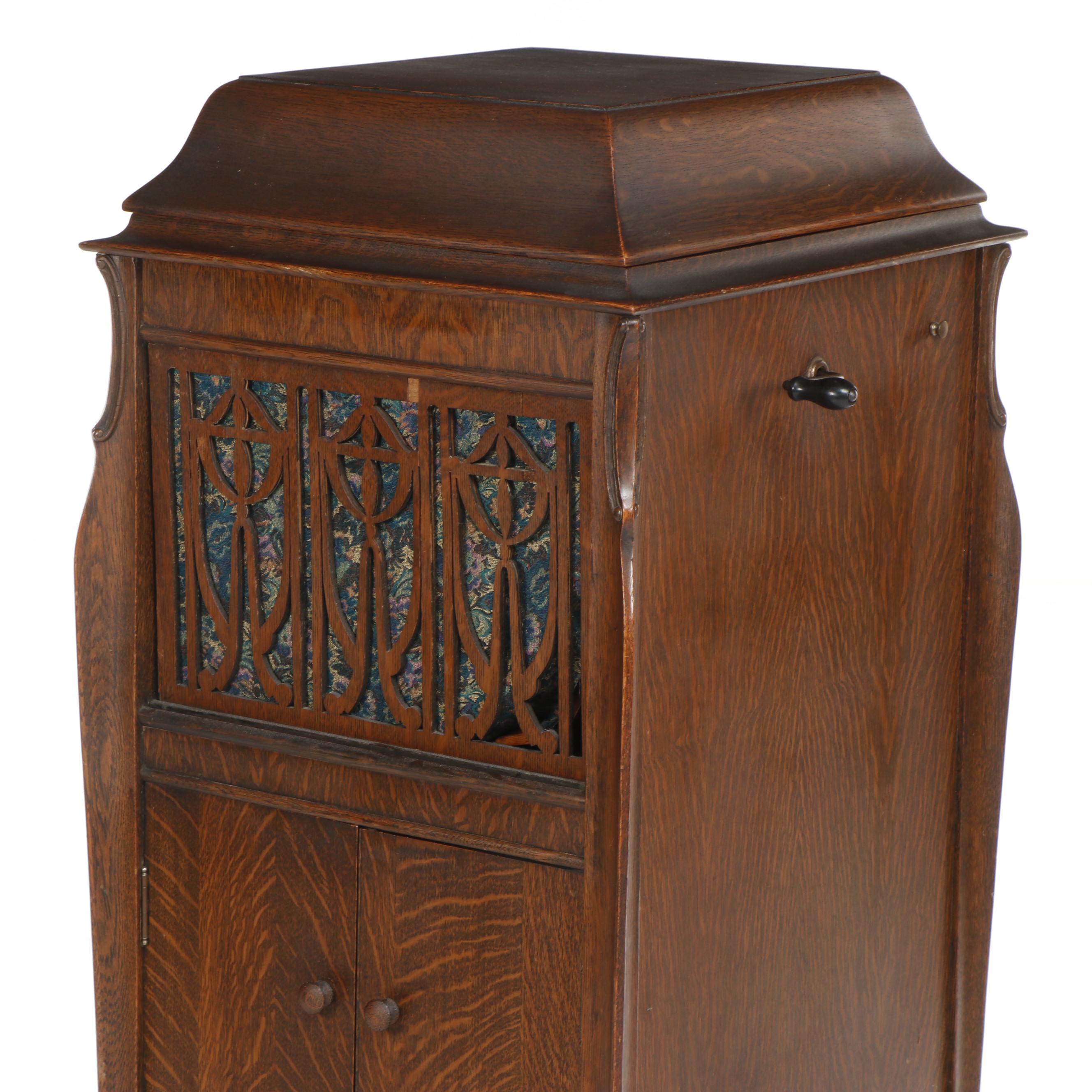 Oak Victrola Phonograph Cabinet with Records and Accessories, Early 20th Century