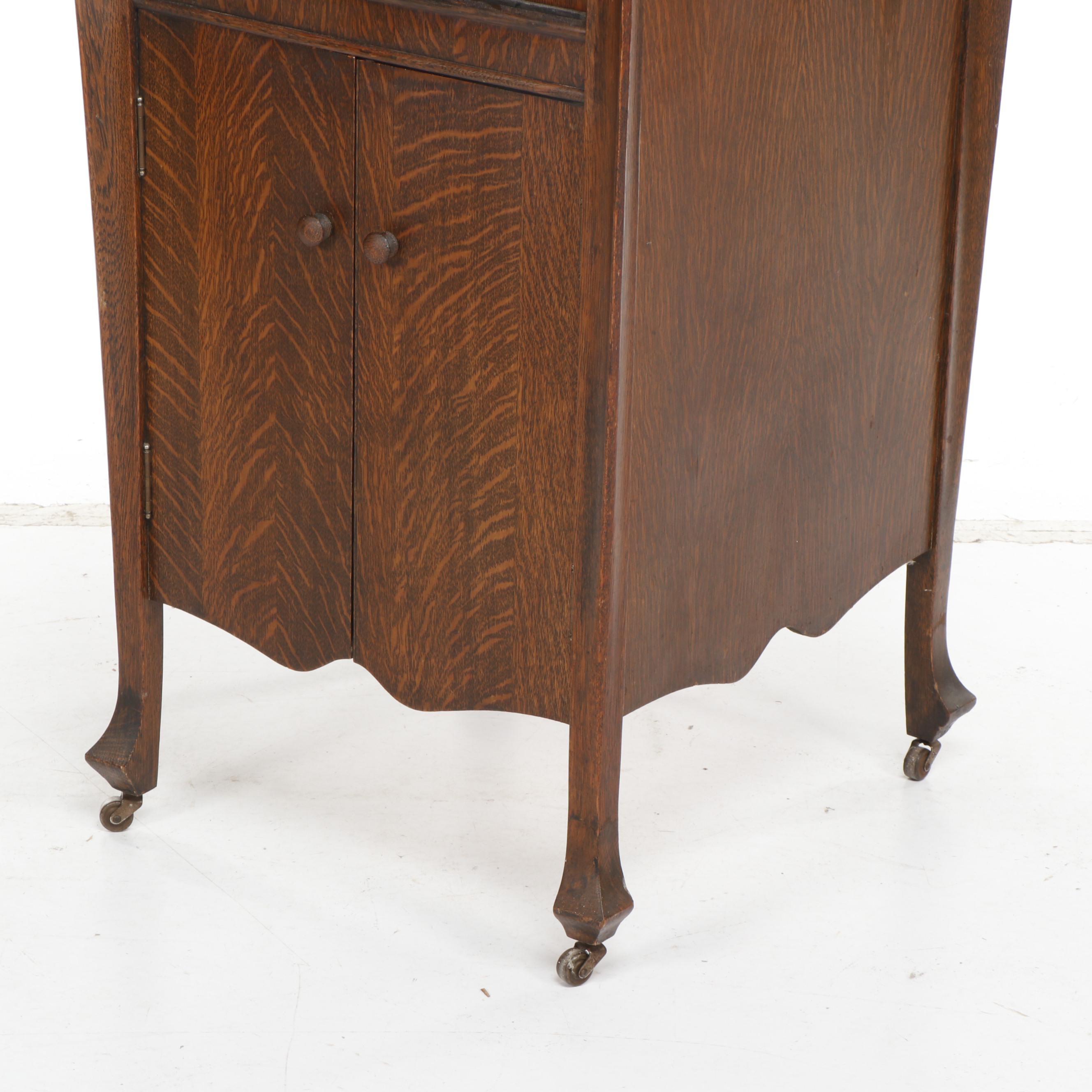 Oak Victrola Phonograph Cabinet with Records and Accessories, Early 20th Century