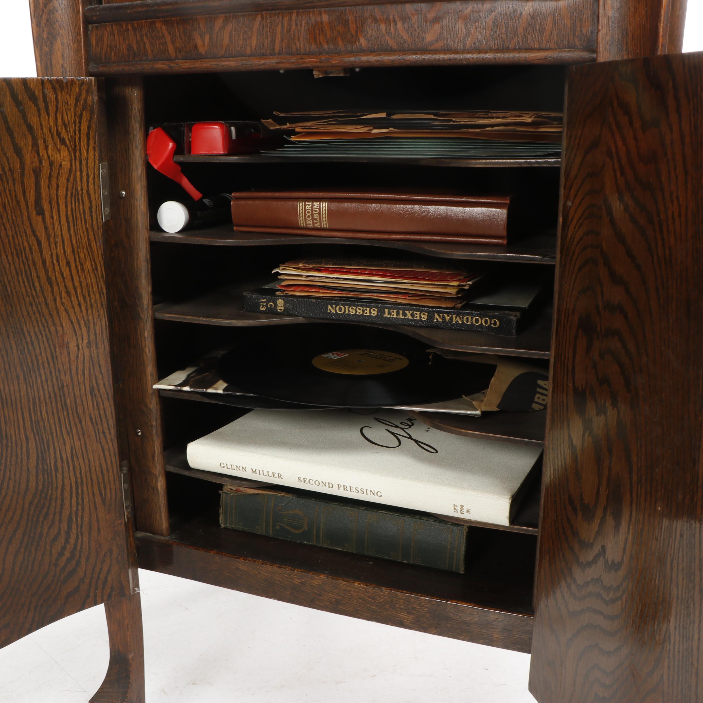 Oak Victrola Phonograph Cabinet with Records and Accessories, Early 20th Century