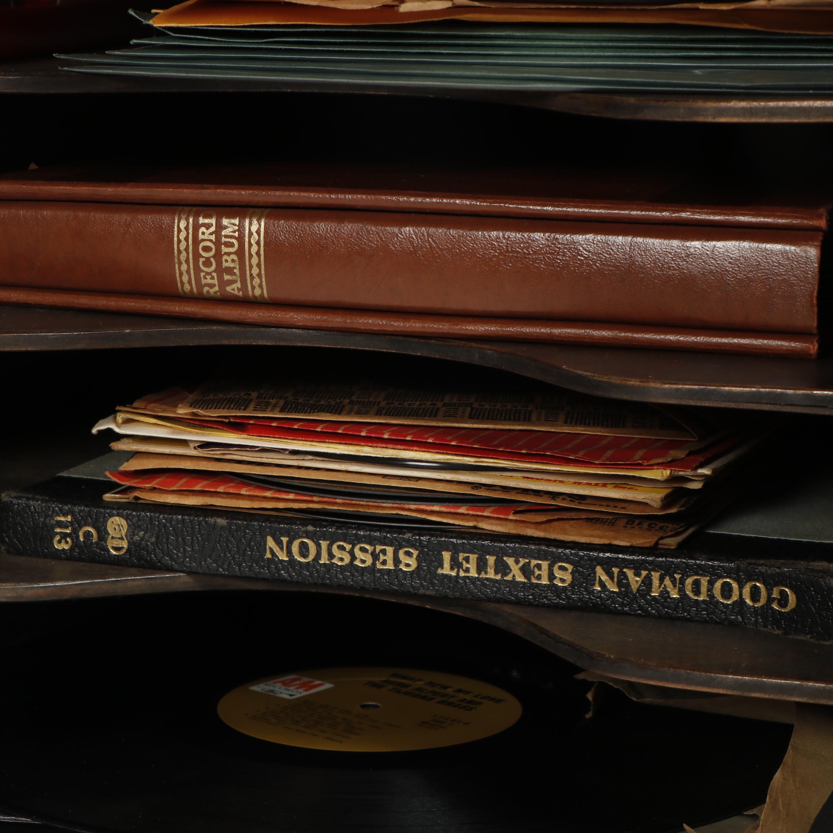 Oak Victrola Phonograph Cabinet with Records and Accessories, Early 20th Century