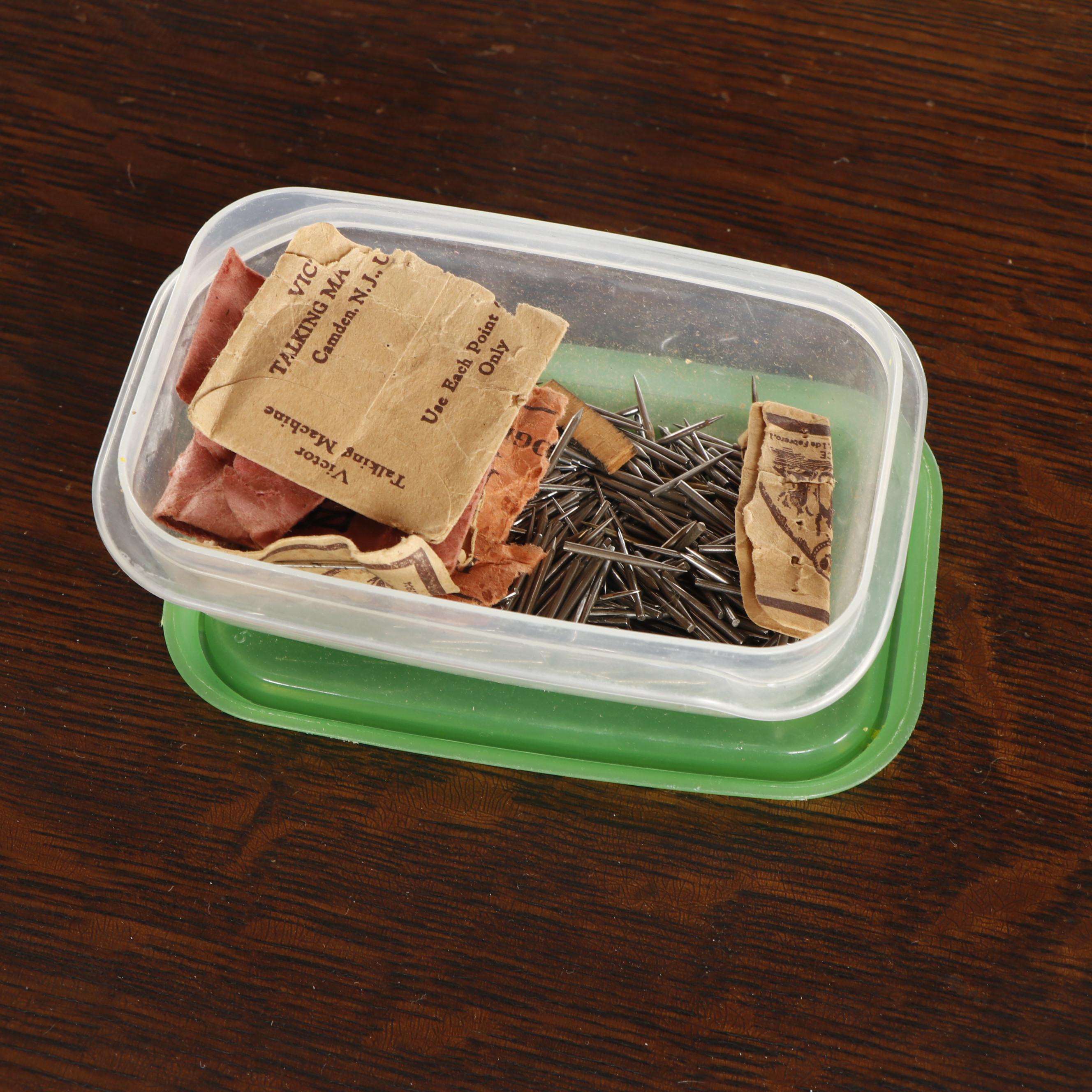 Oak Victrola Phonograph Cabinet with Records and Accessories, Early 20th Century
