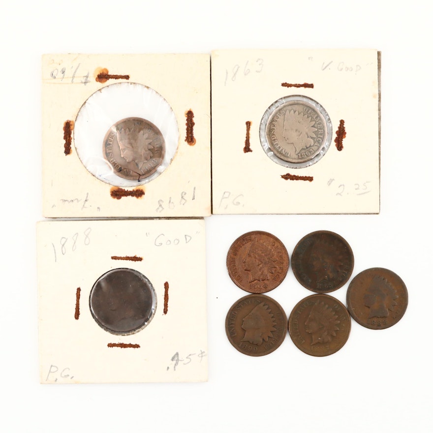 Eight Indian Head Cents, 1863 to 1908