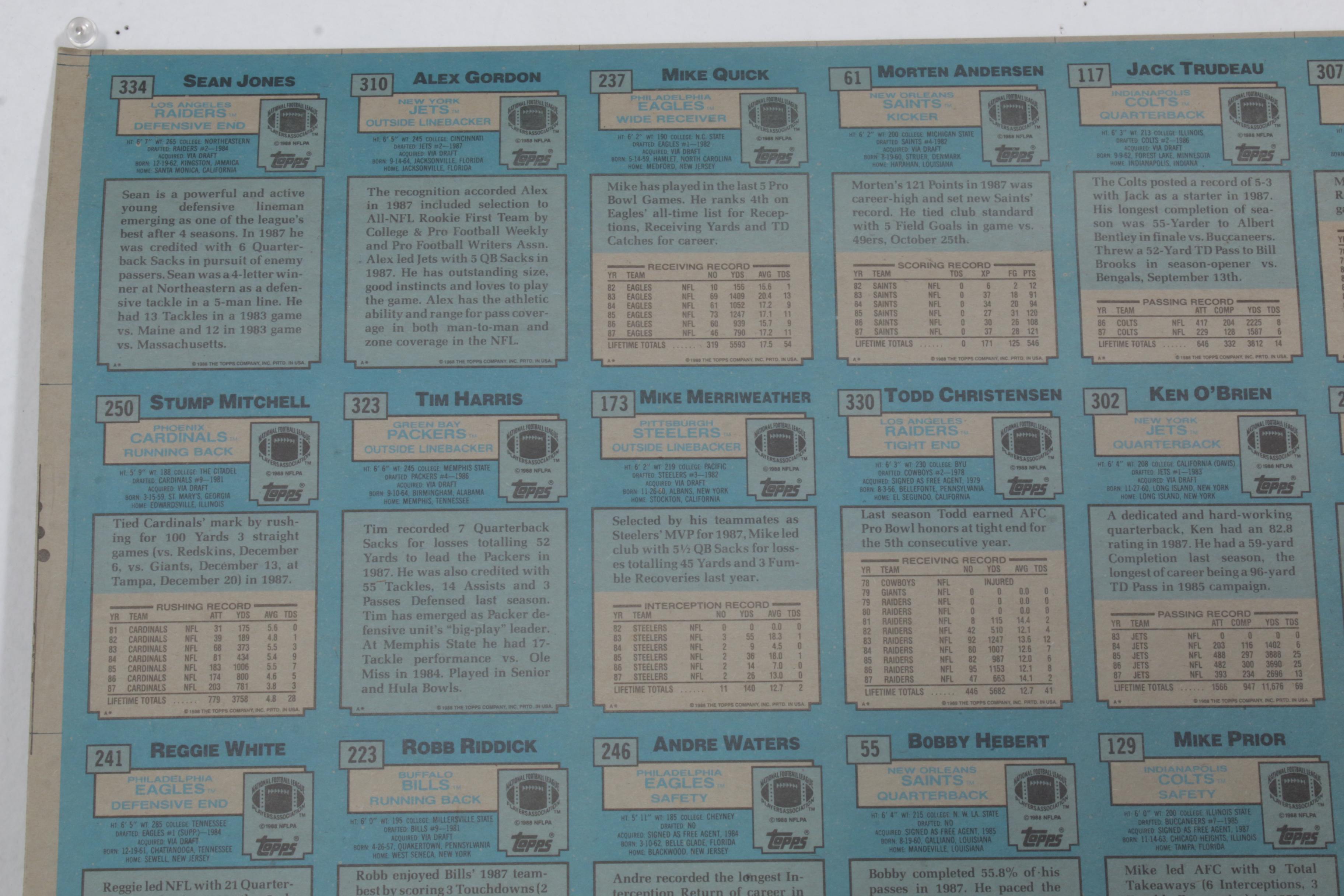 1988 Topps Uncut NFL Card Sheets Featuring Bo Jackson "Super Rookie" Card