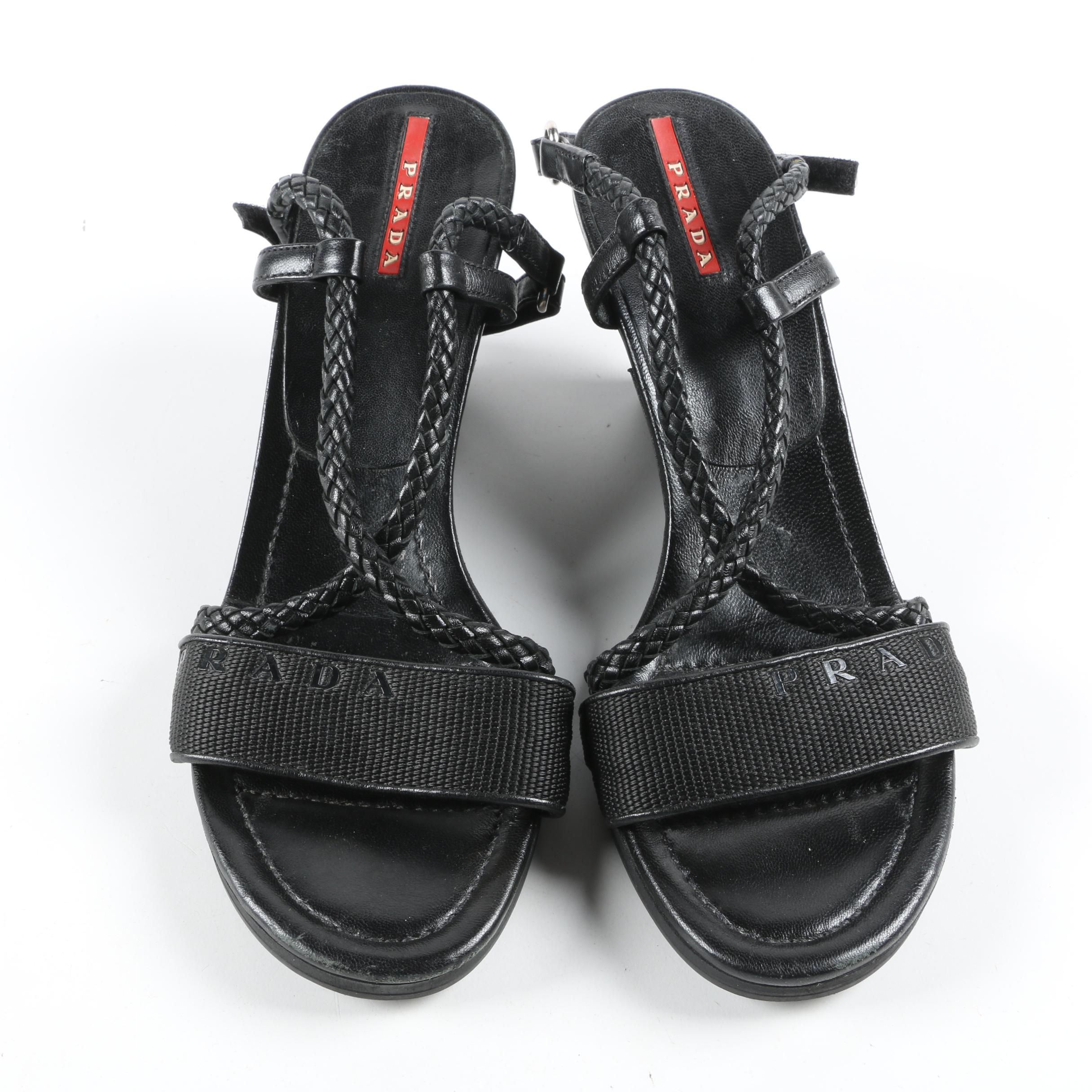 Prada Black Canvas and Woven Leather Wedge Heel Sandals