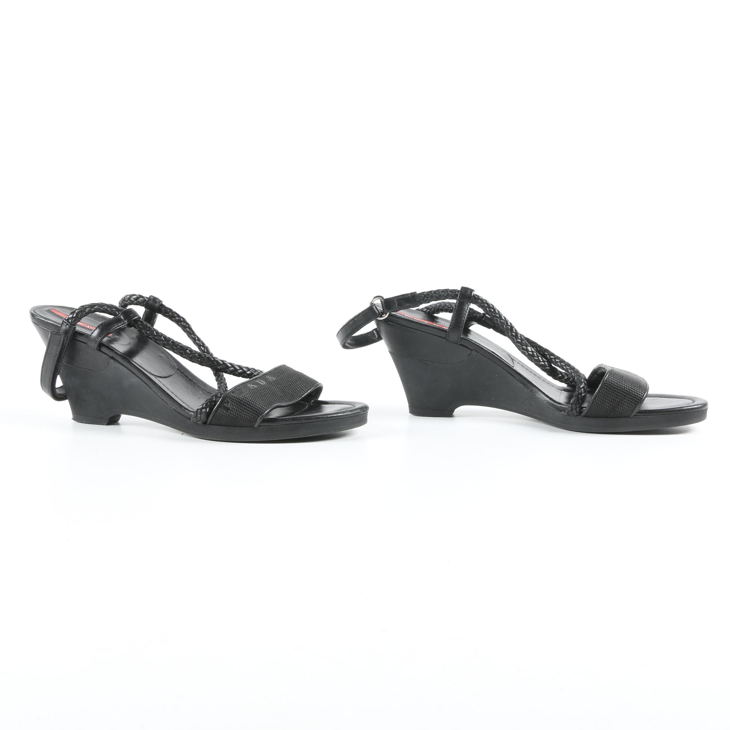 Prada Black Canvas and Woven Leather Wedge Heel Sandals