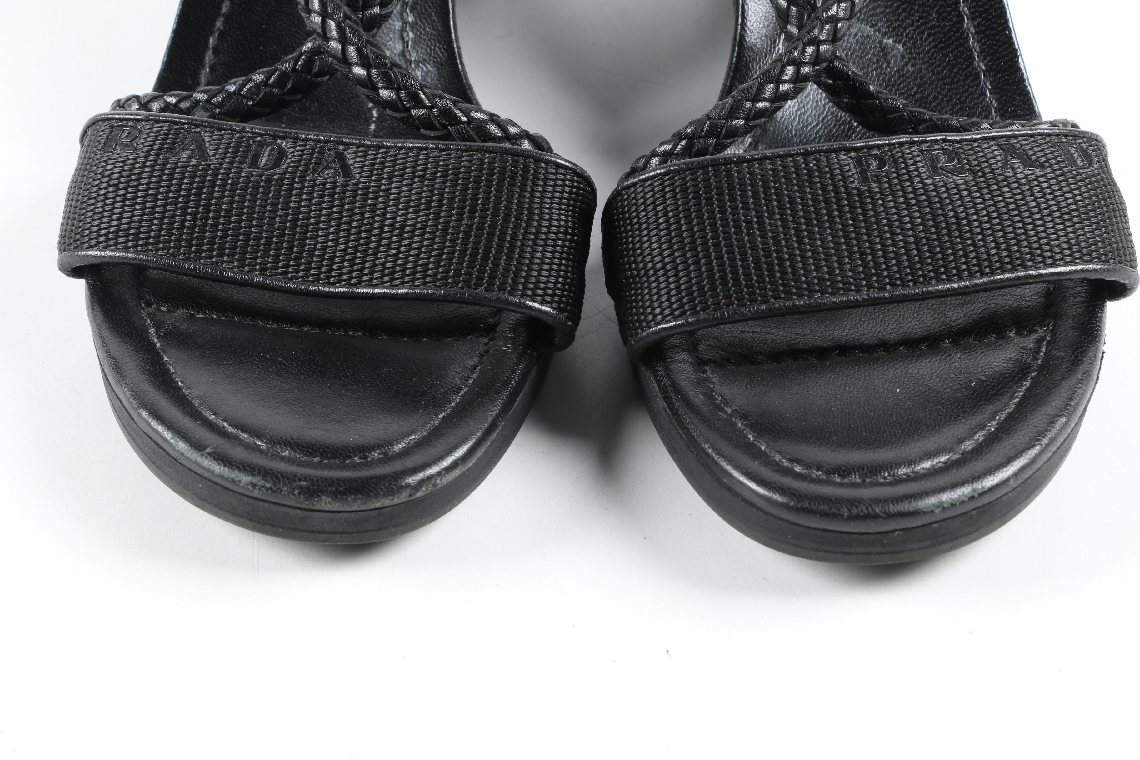 Prada Black Canvas and Woven Leather Wedge Heel Sandals