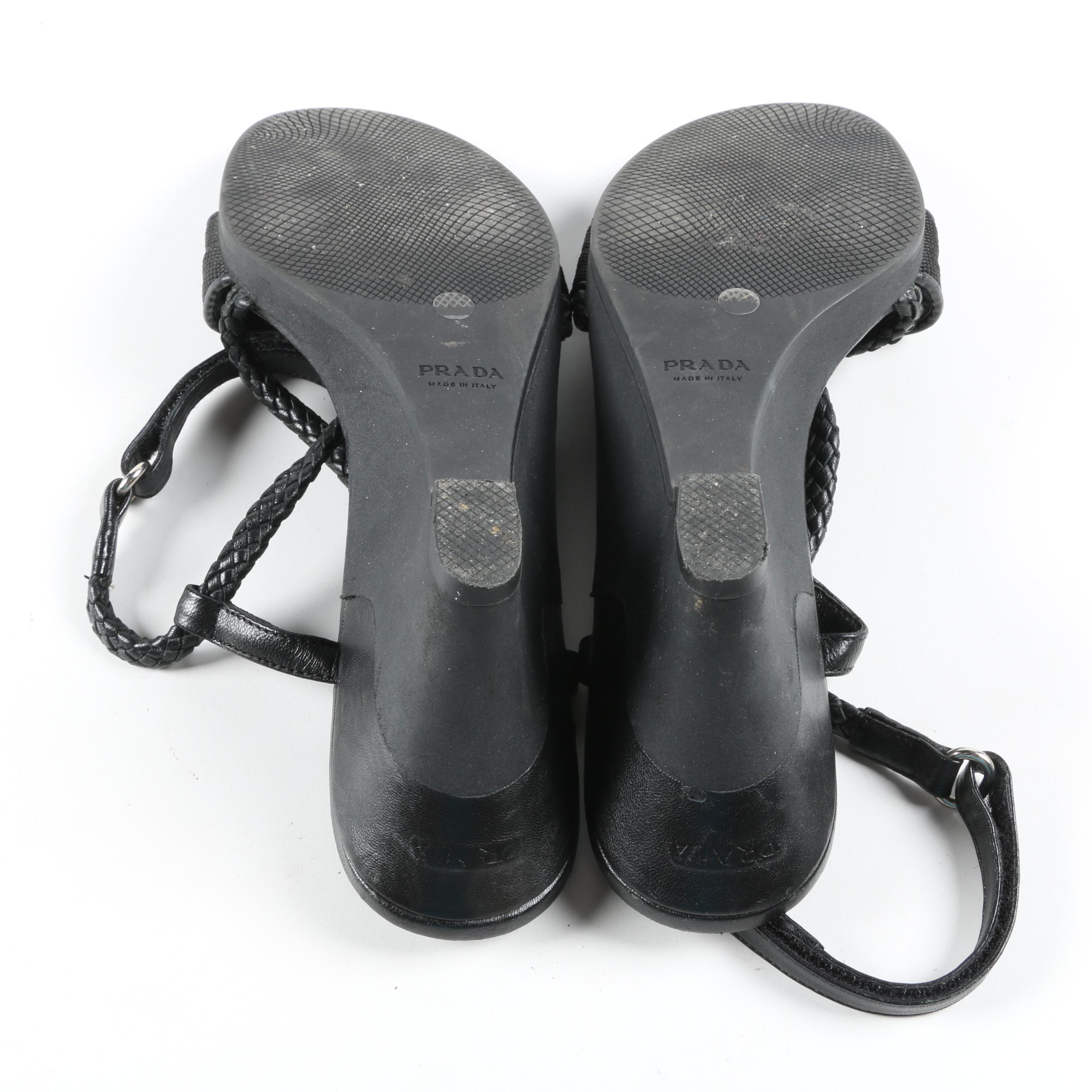 Prada Black Canvas and Woven Leather Wedge Heel Sandals