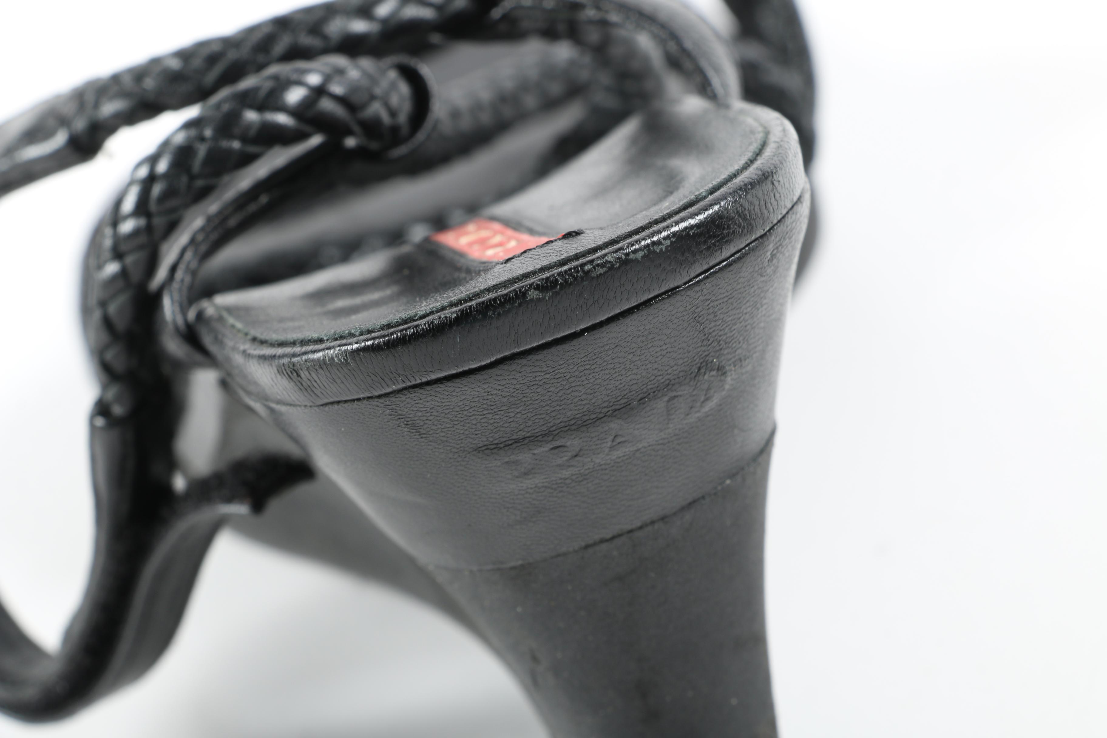 Prada Black Canvas and Woven Leather Wedge Heel Sandals