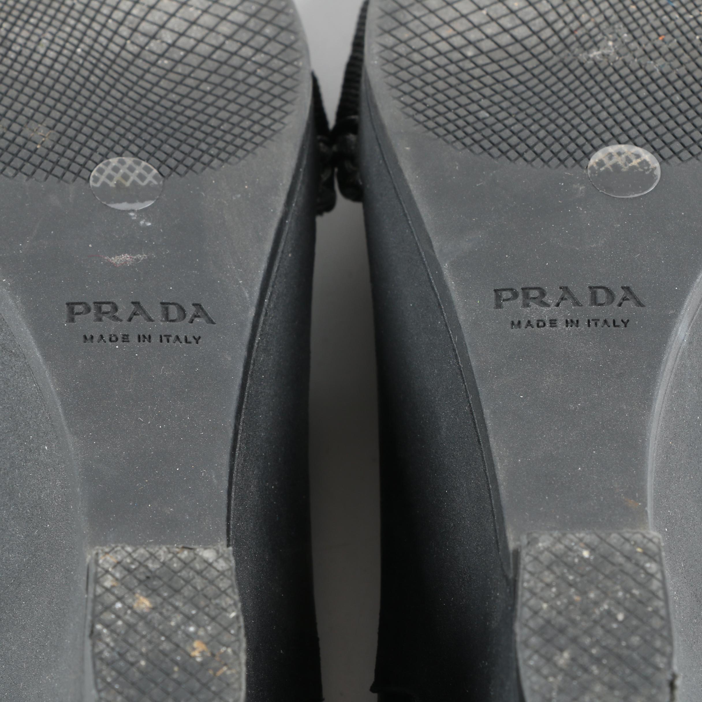 Prada Black Canvas and Woven Leather Wedge Heel Sandals