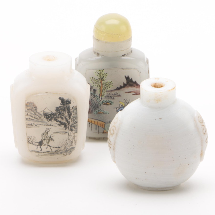 Chinese Painted and Carved Glass Snuff Bottles, Vintage