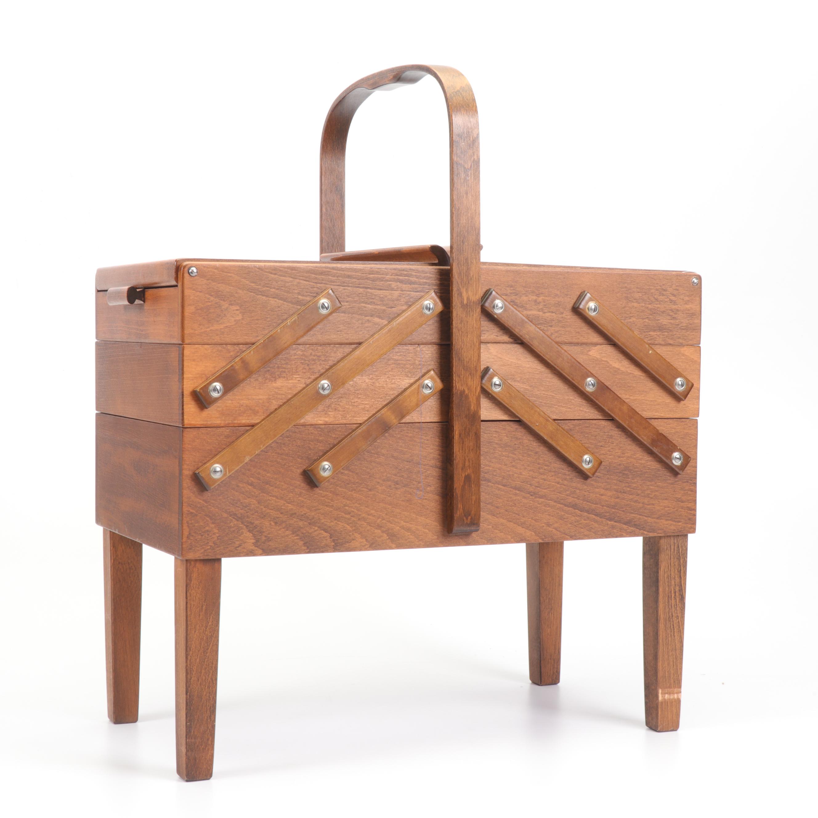 Oak Strømmen Bruk Hamar Norwegian Accordion Sewing Box with Notions, Mid-Century