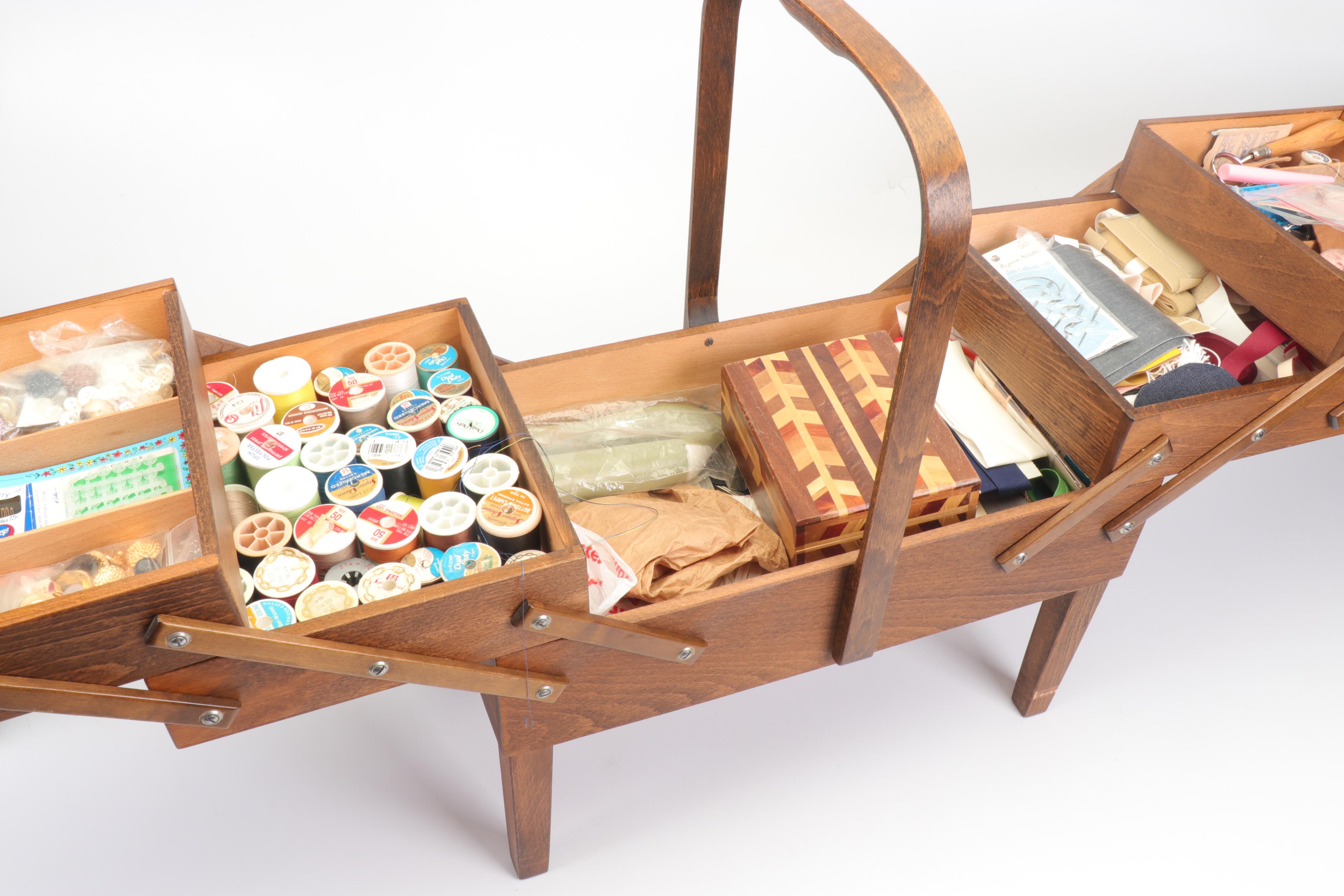 Oak Strømmen Bruk Hamar Norwegian Accordion Sewing Box with Notions, Mid-Century