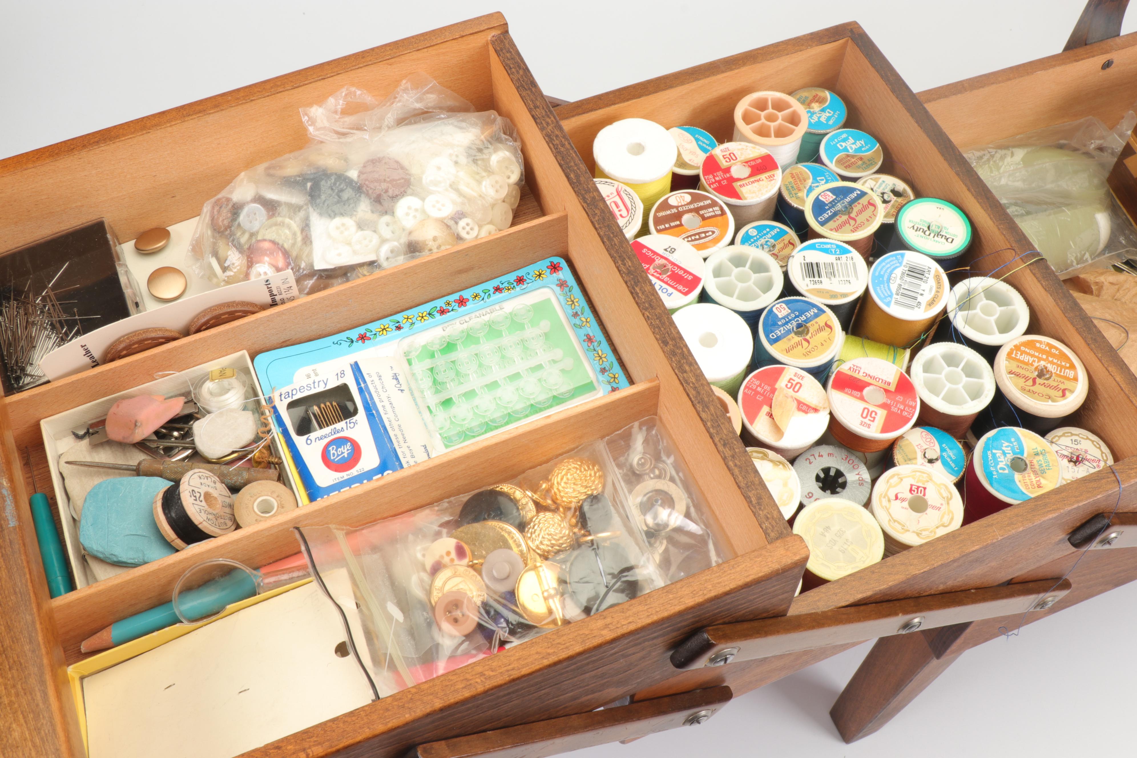 Oak Strømmen Bruk Hamar Norwegian Accordion Sewing Box with Notions, Mid-Century