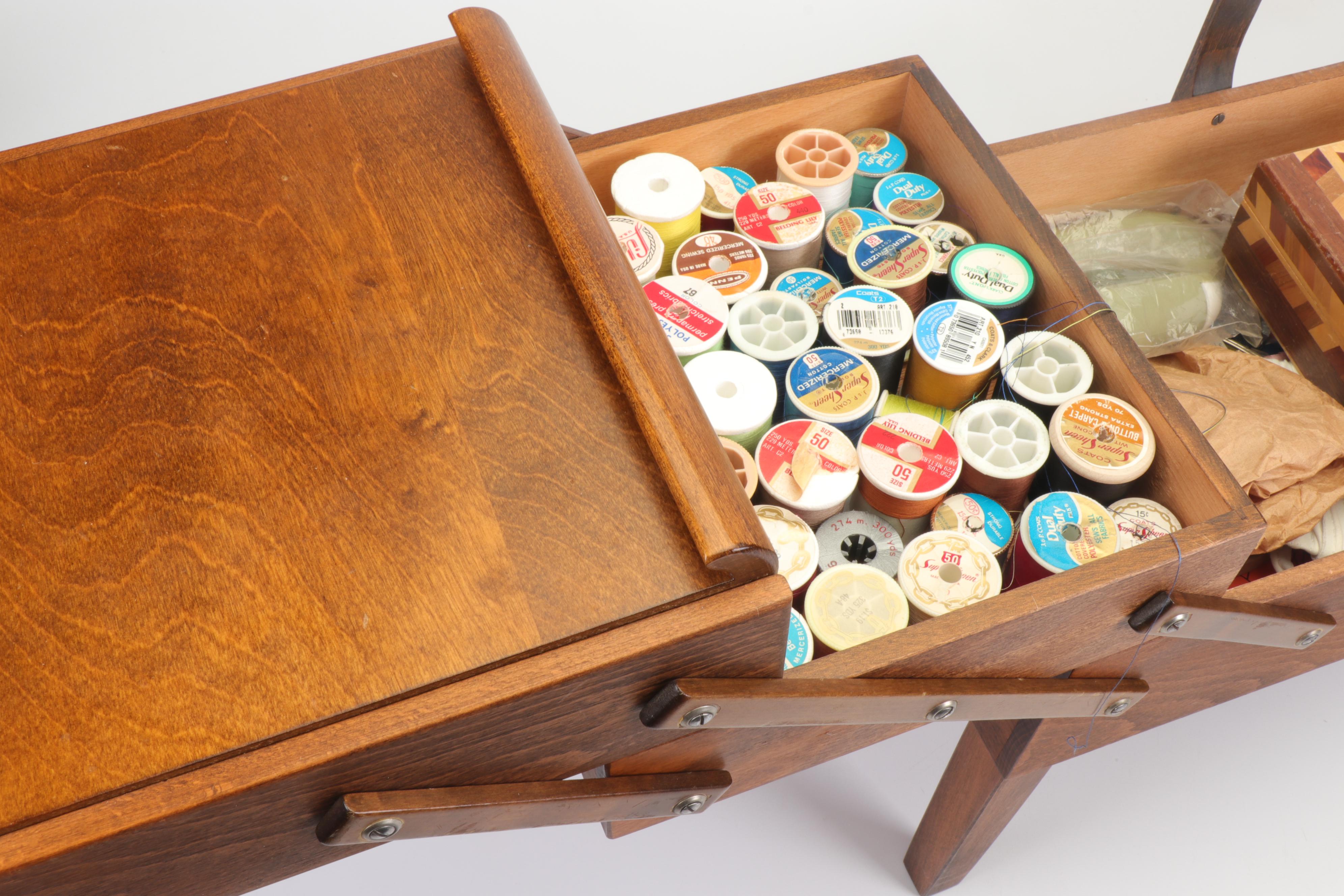 Oak Strømmen Bruk Hamar Norwegian Accordion Sewing Box with Notions, Mid-Century