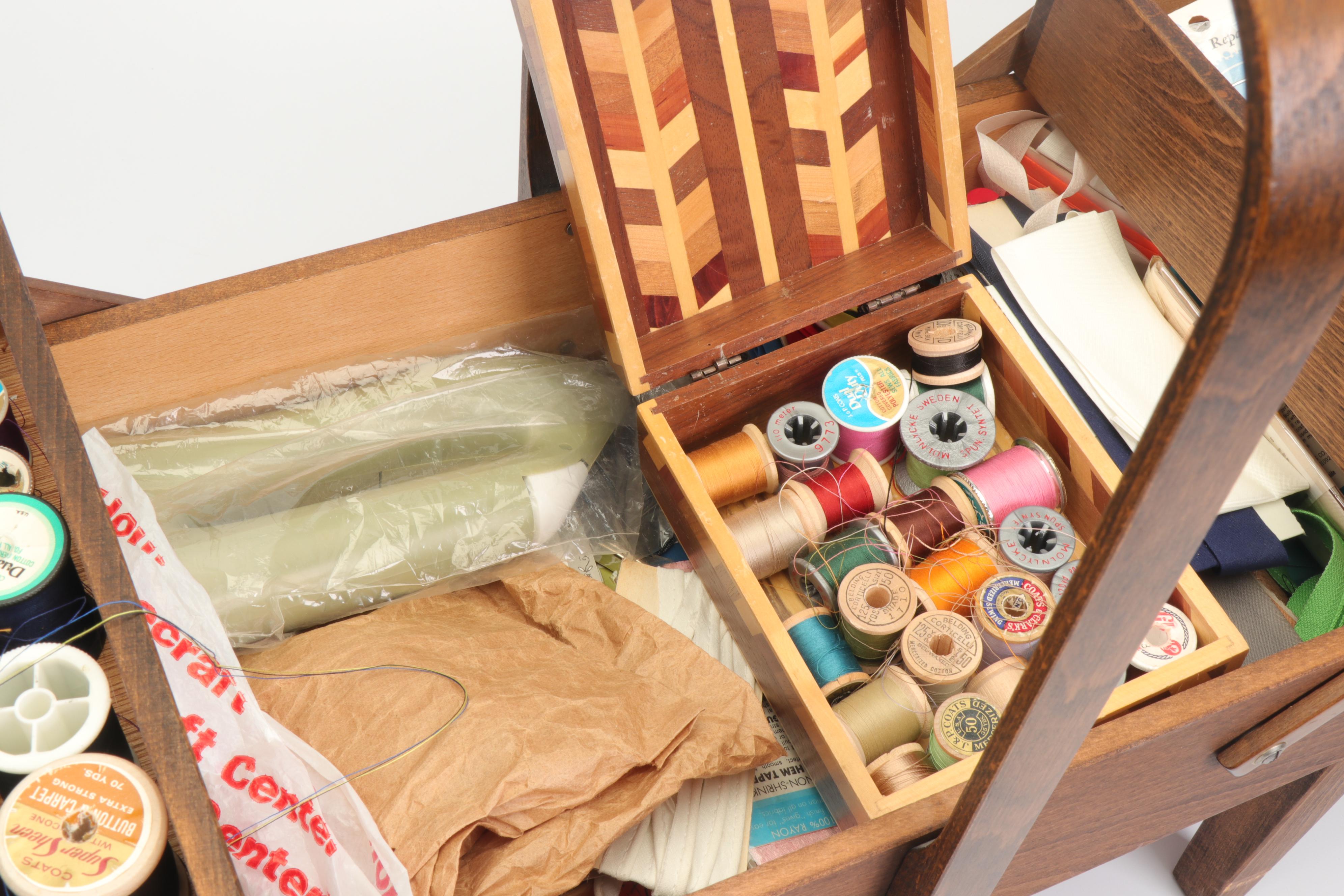 Oak Strømmen Bruk Hamar Norwegian Accordion Sewing Box with Notions, Mid-Century