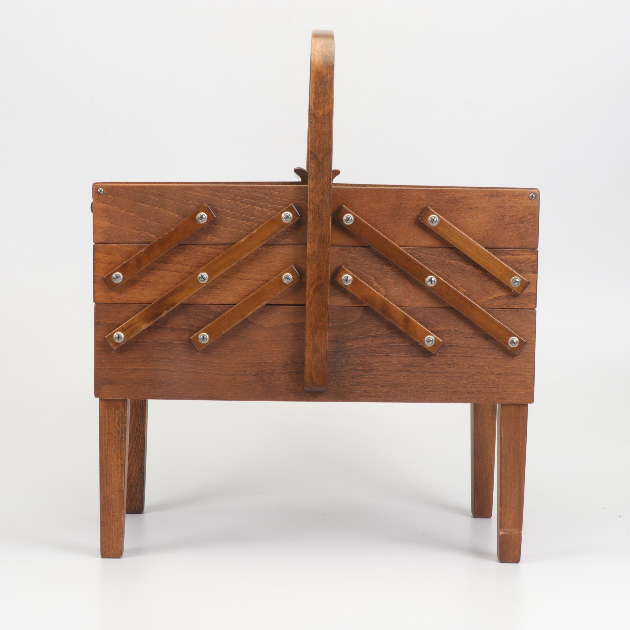 Oak Strømmen Bruk Hamar Norwegian Accordion Sewing Box with Notions, Mid-Century