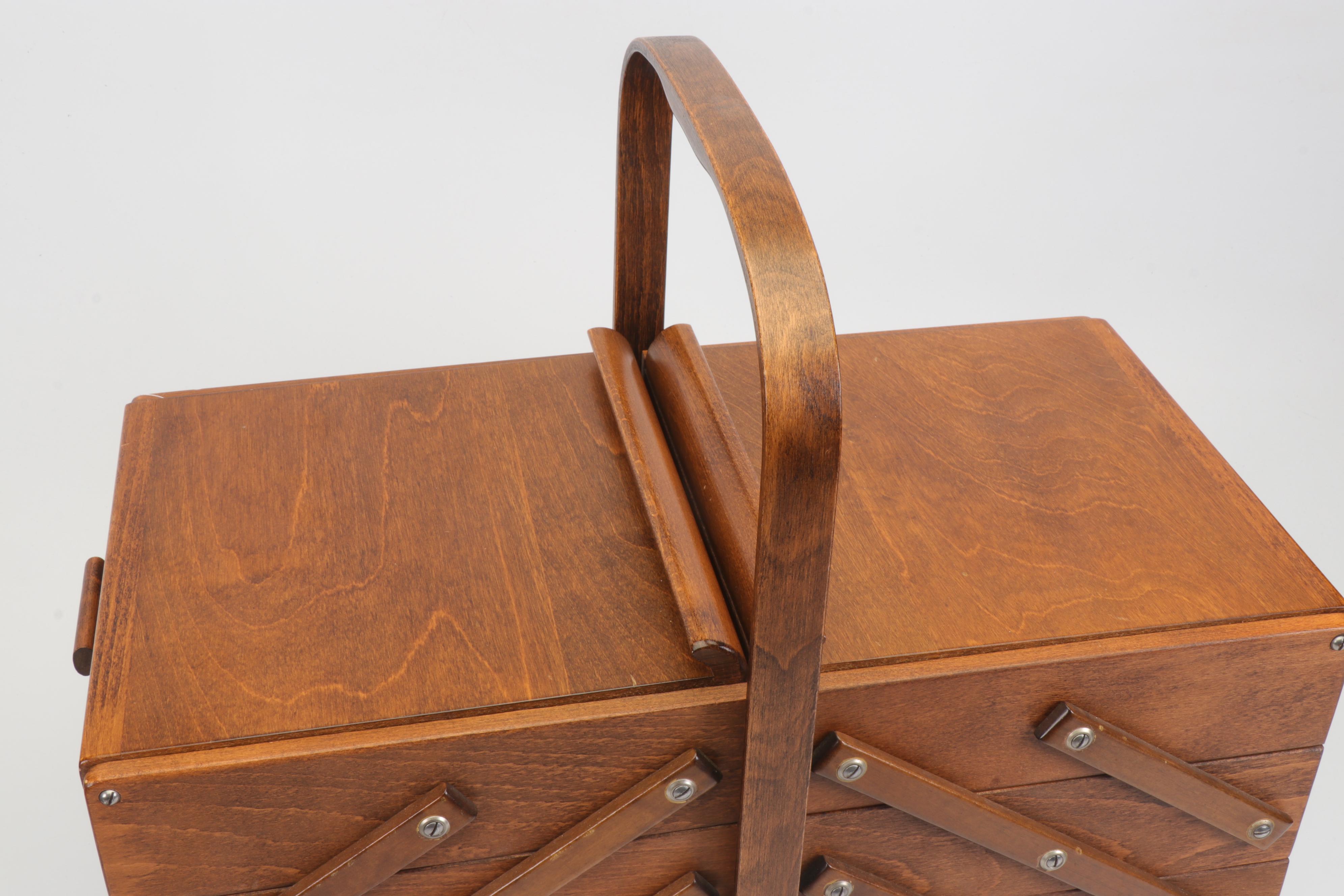 Oak Strømmen Bruk Hamar Norwegian Accordion Sewing Box with Notions, Mid-Century