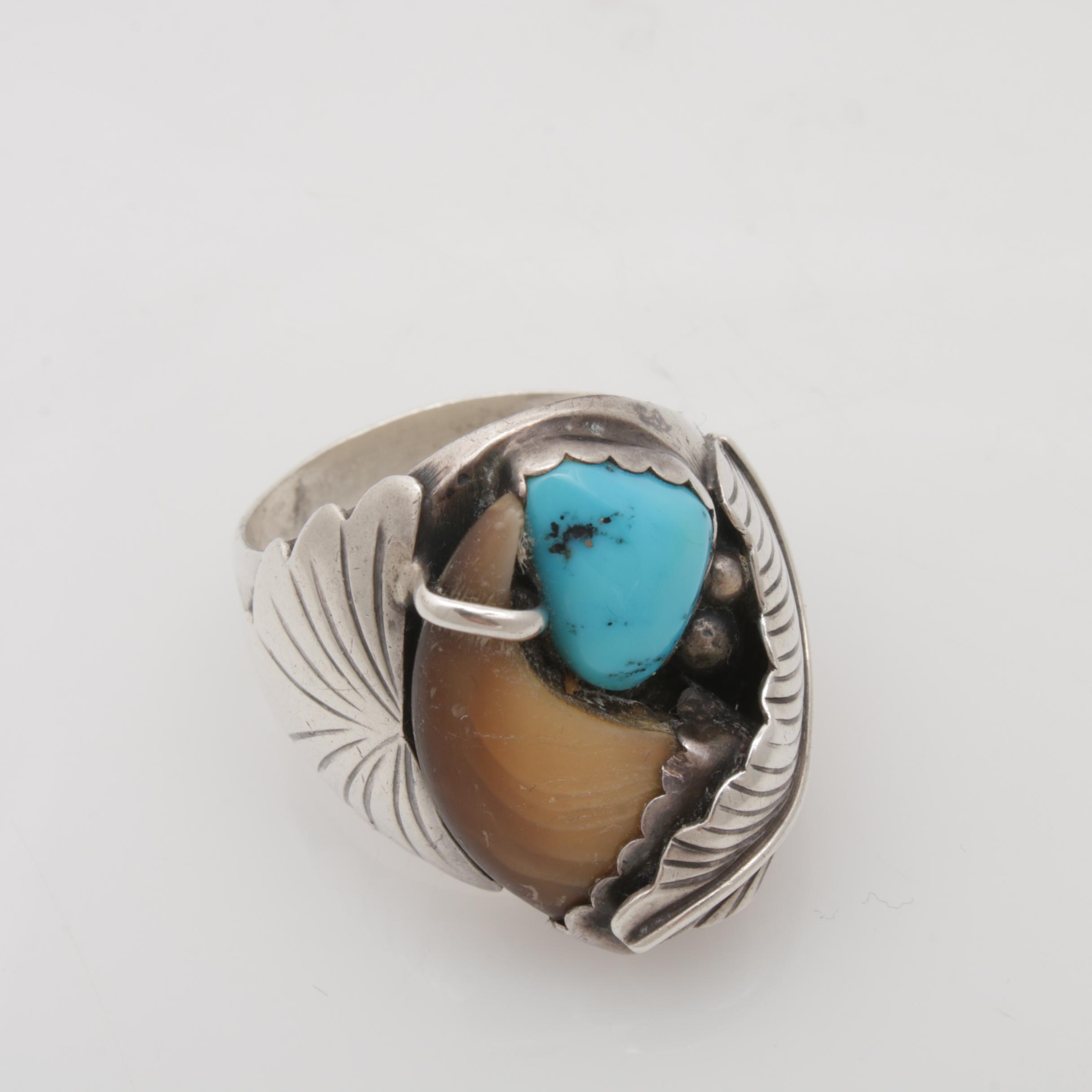 Southwestern Style Silver-Tone Black Bear Claw and Dyed Turquoise Ring