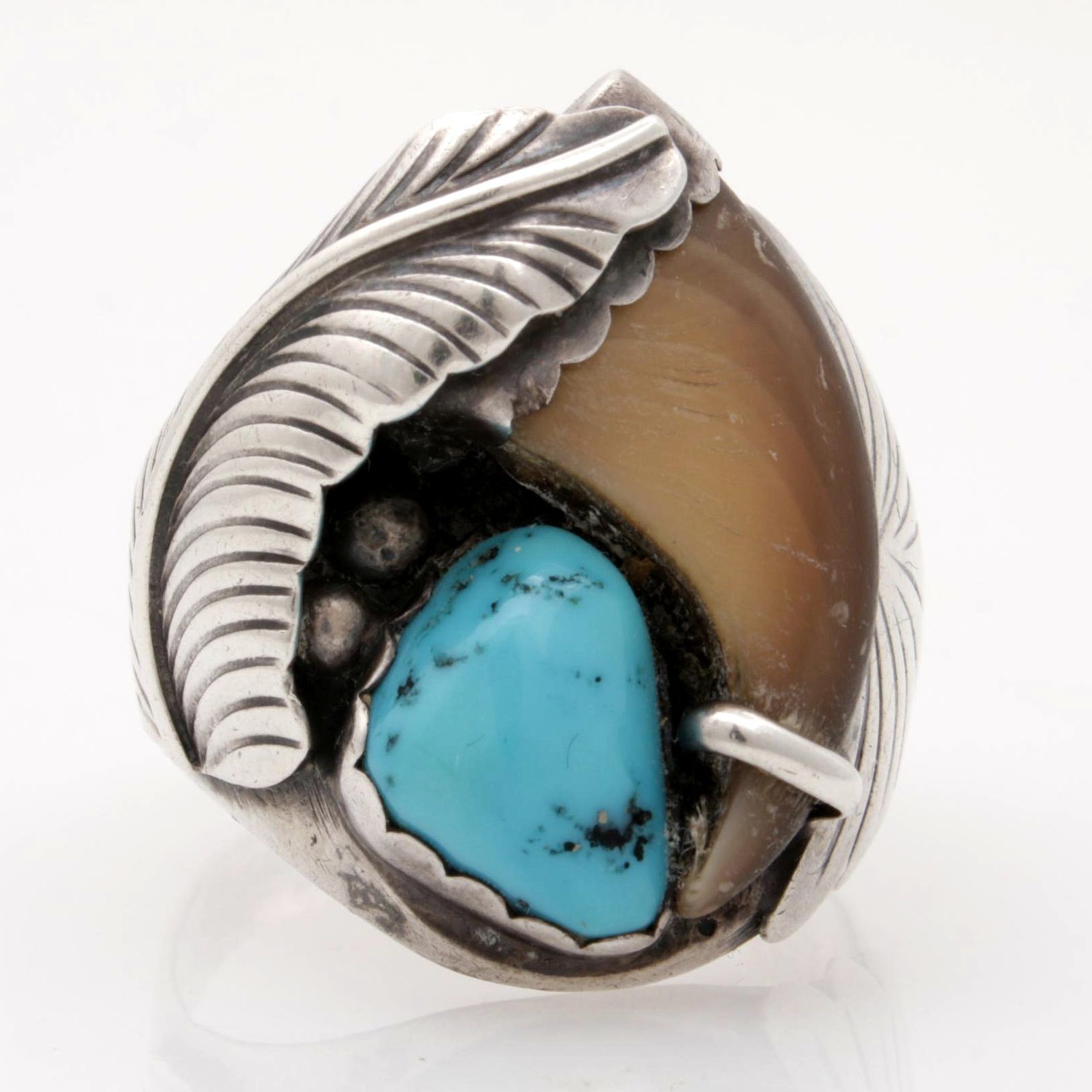 Southwestern Style Silver-Tone Black Bear Claw and Dyed Turquoise Ring