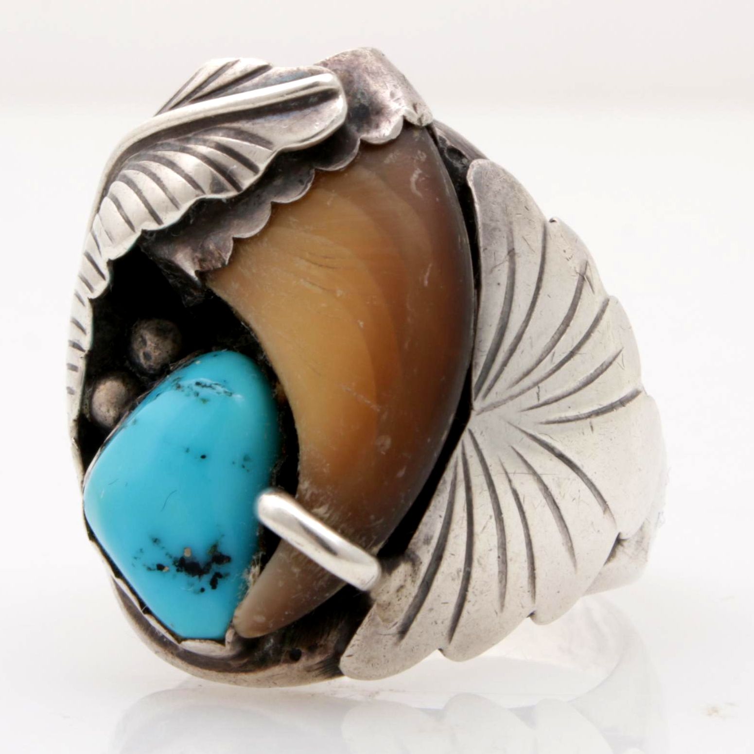 Southwestern Style Silver-Tone Black Bear Claw and Dyed Turquoise Ring