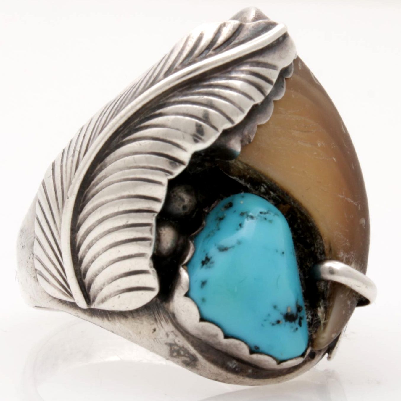 Southwestern Style Silver-Tone Black Bear Claw and Dyed Turquoise Ring