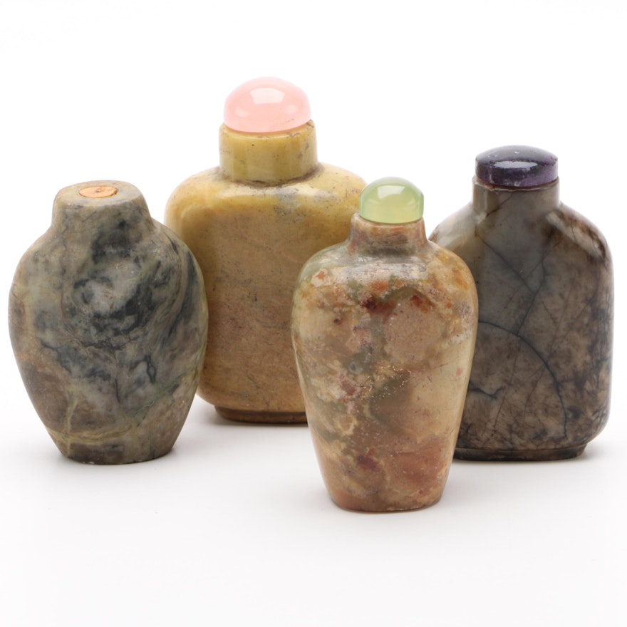 Chinese Hardstone Snuff Bottles with Bowenite and Rose Quartz Caps