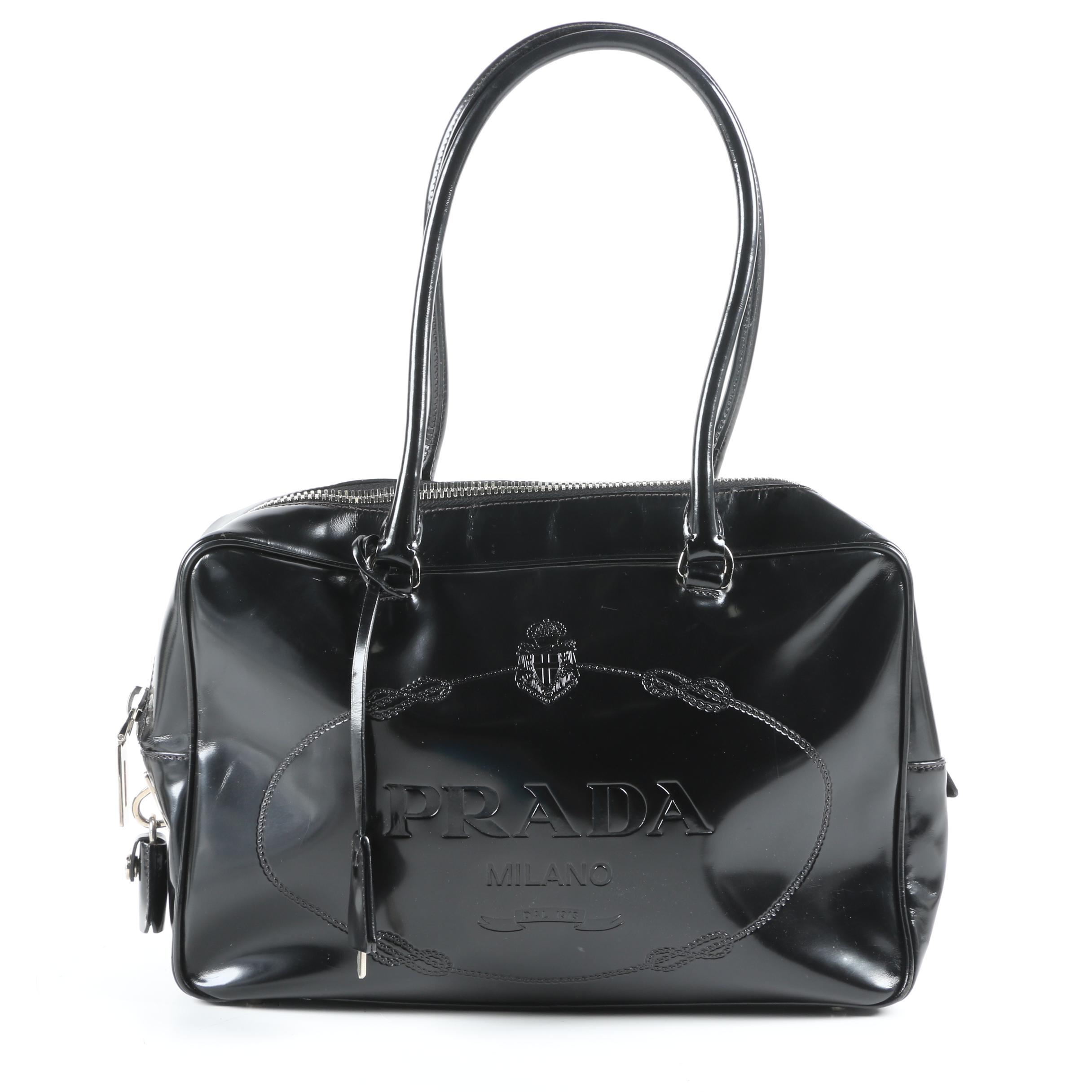 Prada Black Patent Leather Logo Embossed Satchel