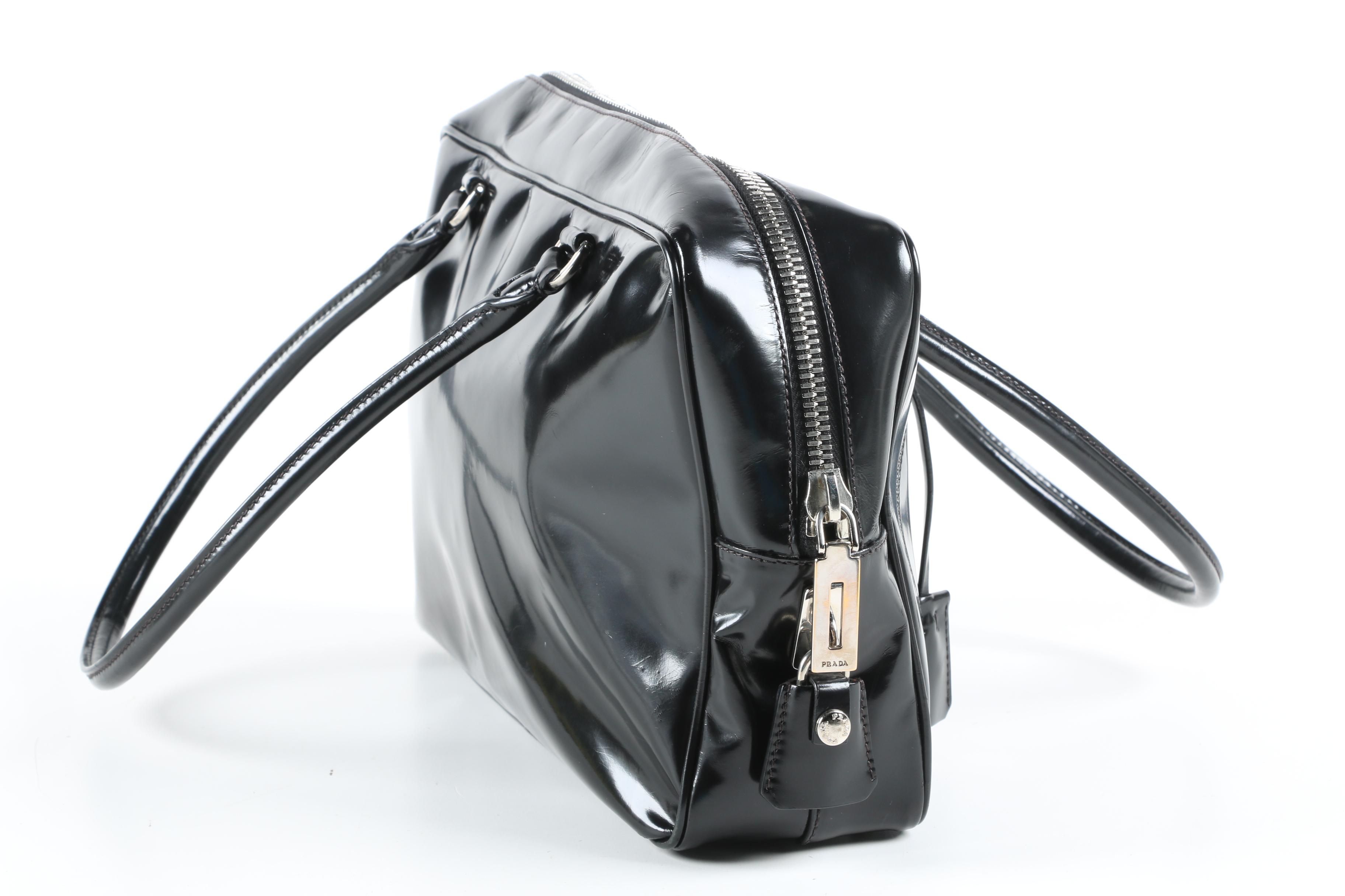 Prada Black Patent Leather Logo Embossed Satchel