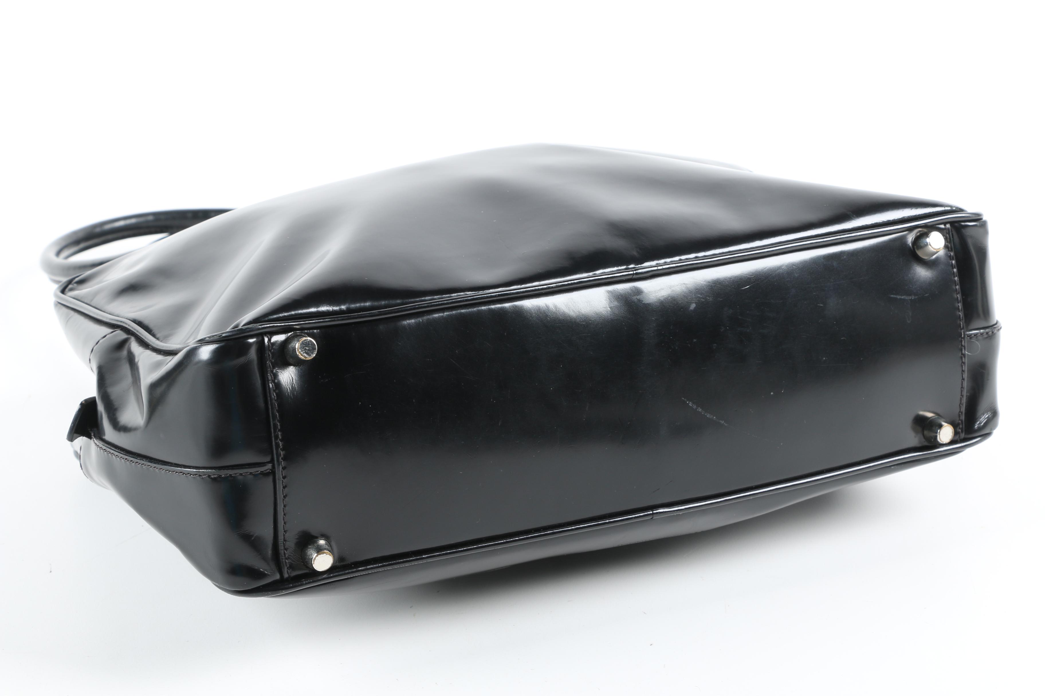 Prada Black Patent Leather Logo Embossed Satchel