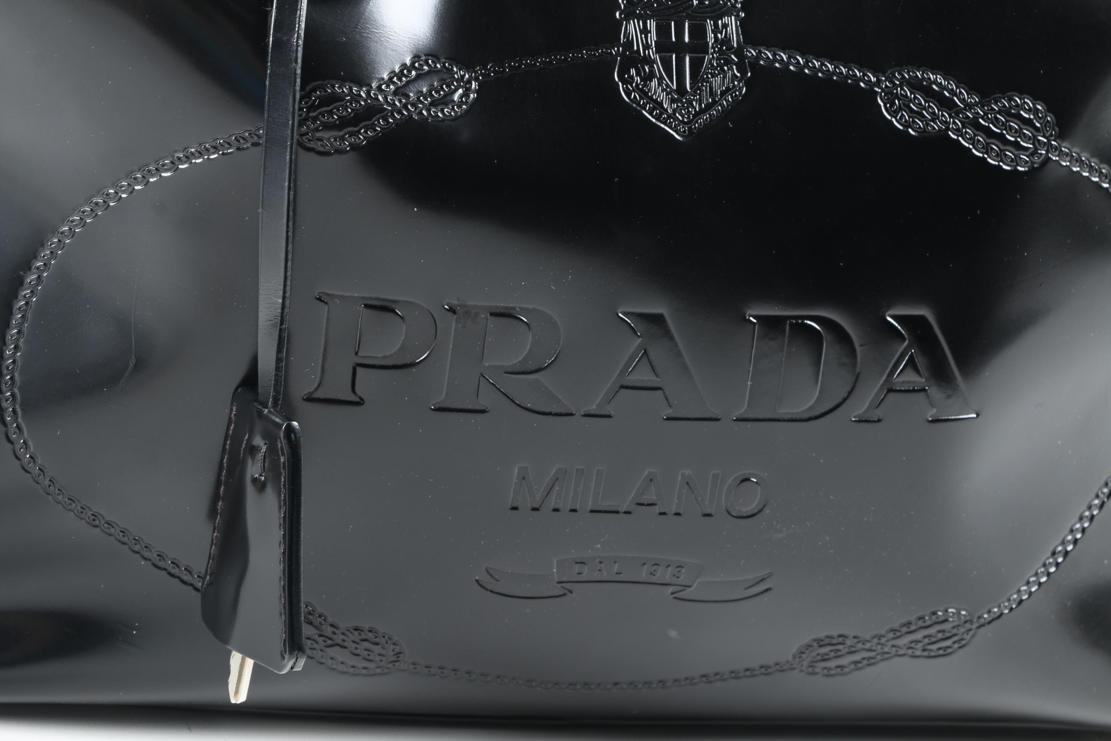 Prada Black Patent Leather Logo Embossed Satchel