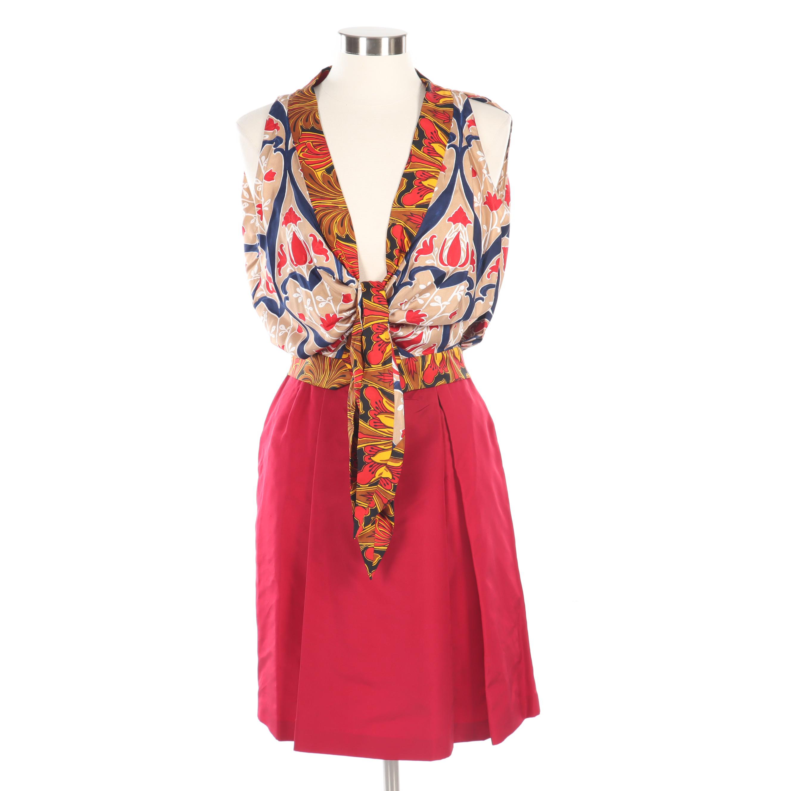 Prada Silk Twill Sleeveless Blouse with Tie Sash and Red Faille Skirt