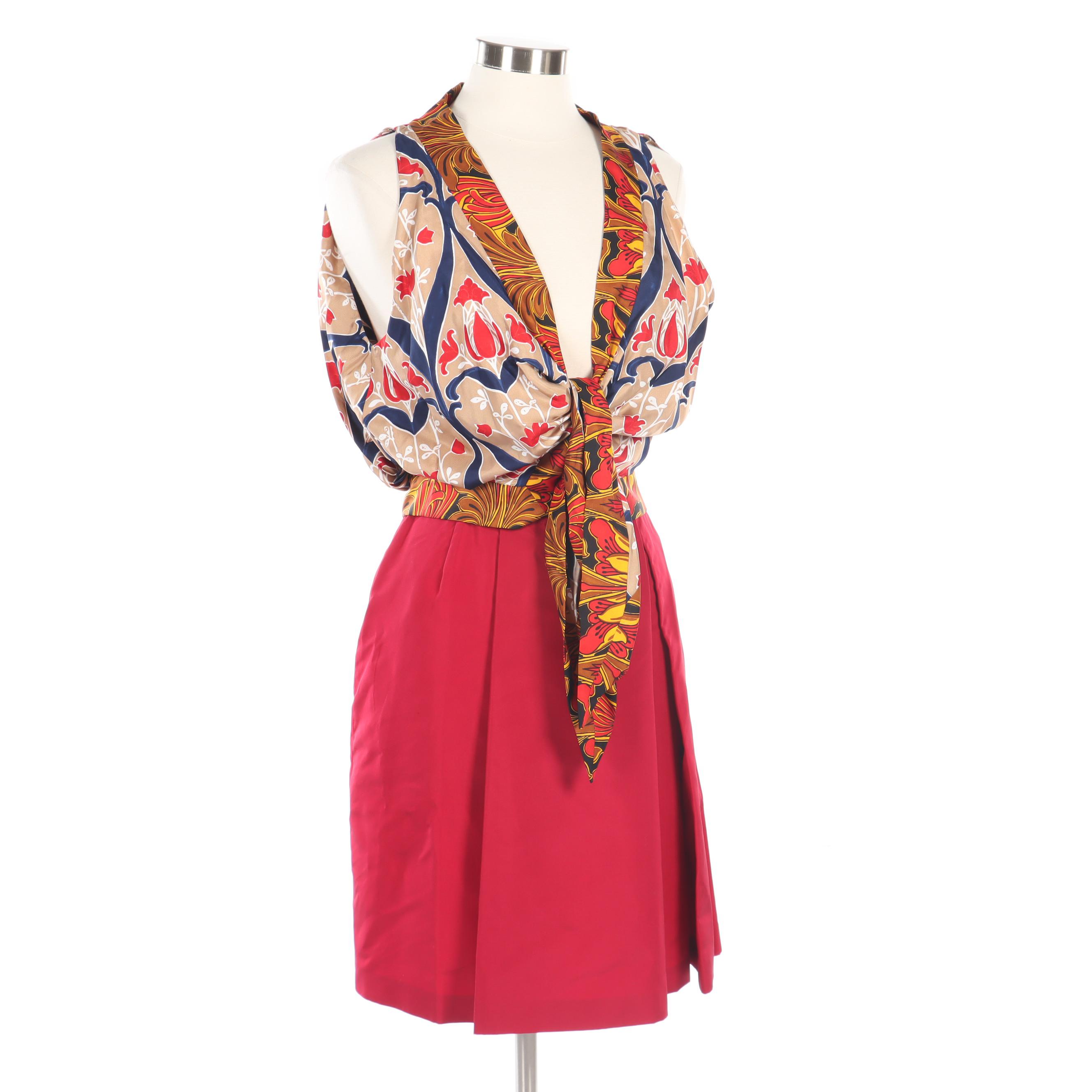 Prada Silk Twill Sleeveless Blouse with Tie Sash and Red Faille Skirt
