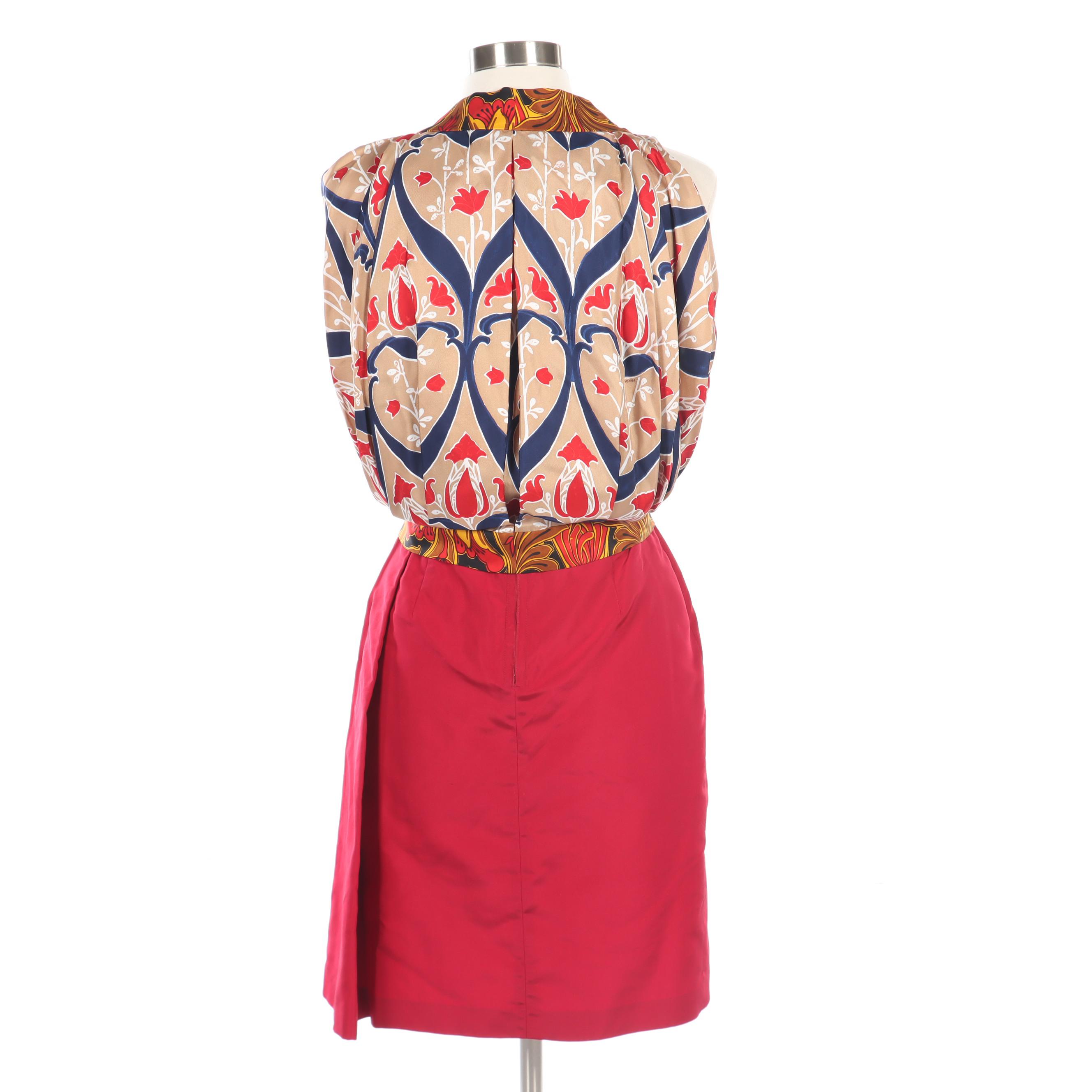 Prada Silk Twill Sleeveless Blouse with Tie Sash and Red Faille Skirt