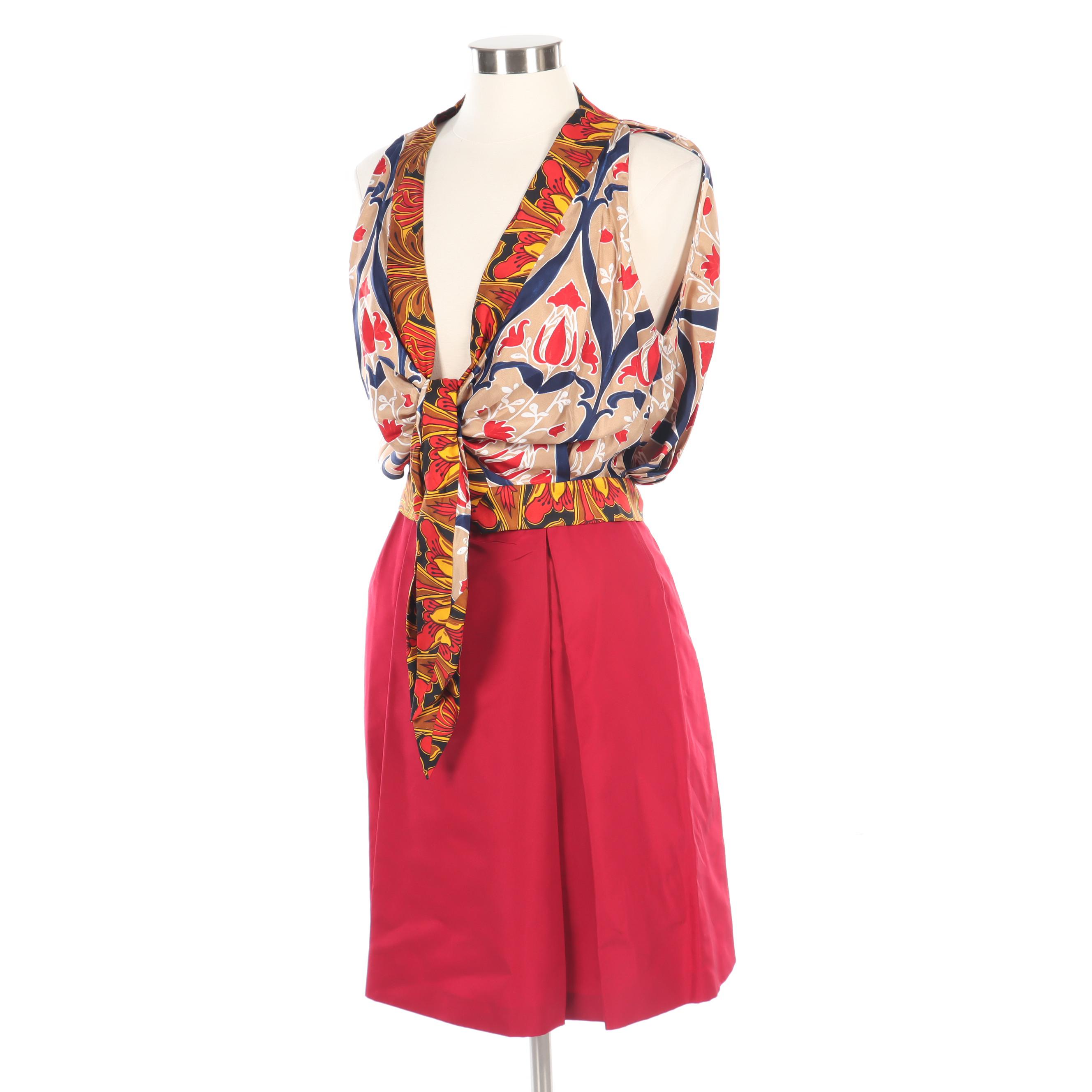 Prada Silk Twill Sleeveless Blouse with Tie Sash and Red Faille Skirt