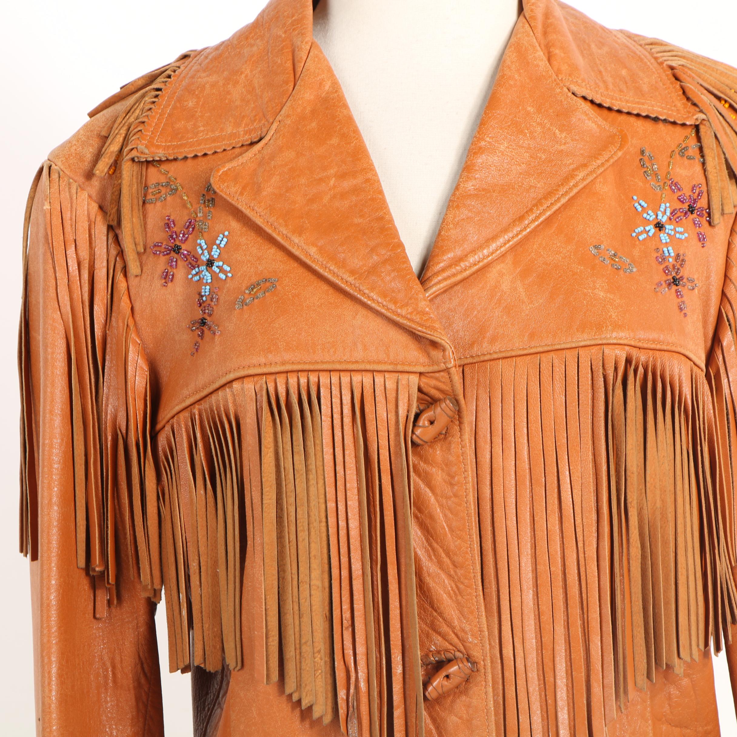 Chris Line Originals Leather Jacket with Fringe and Beaded Flowers, Vintage