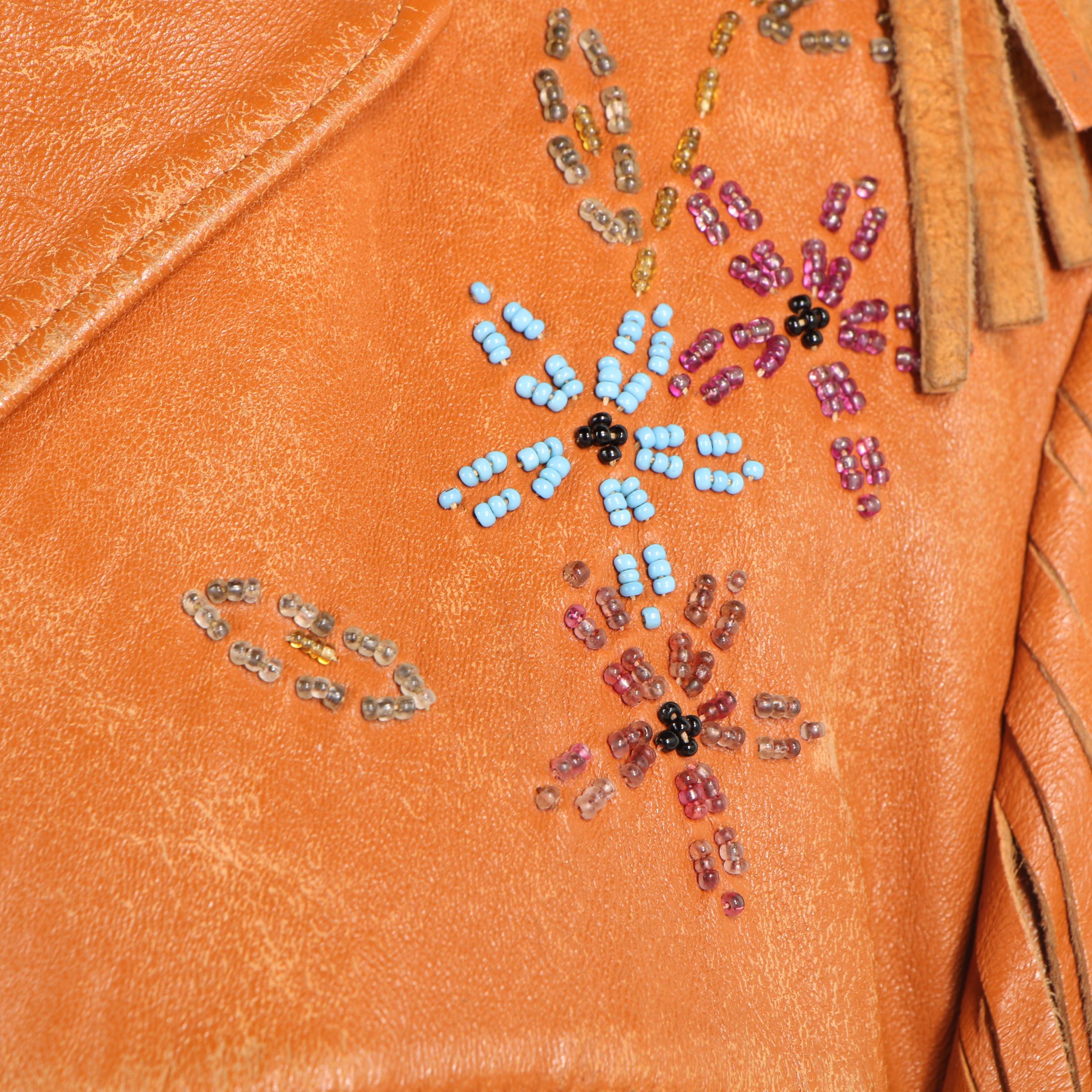 Chris Line Originals Leather Jacket with Fringe and Beaded Flowers, Vintage
