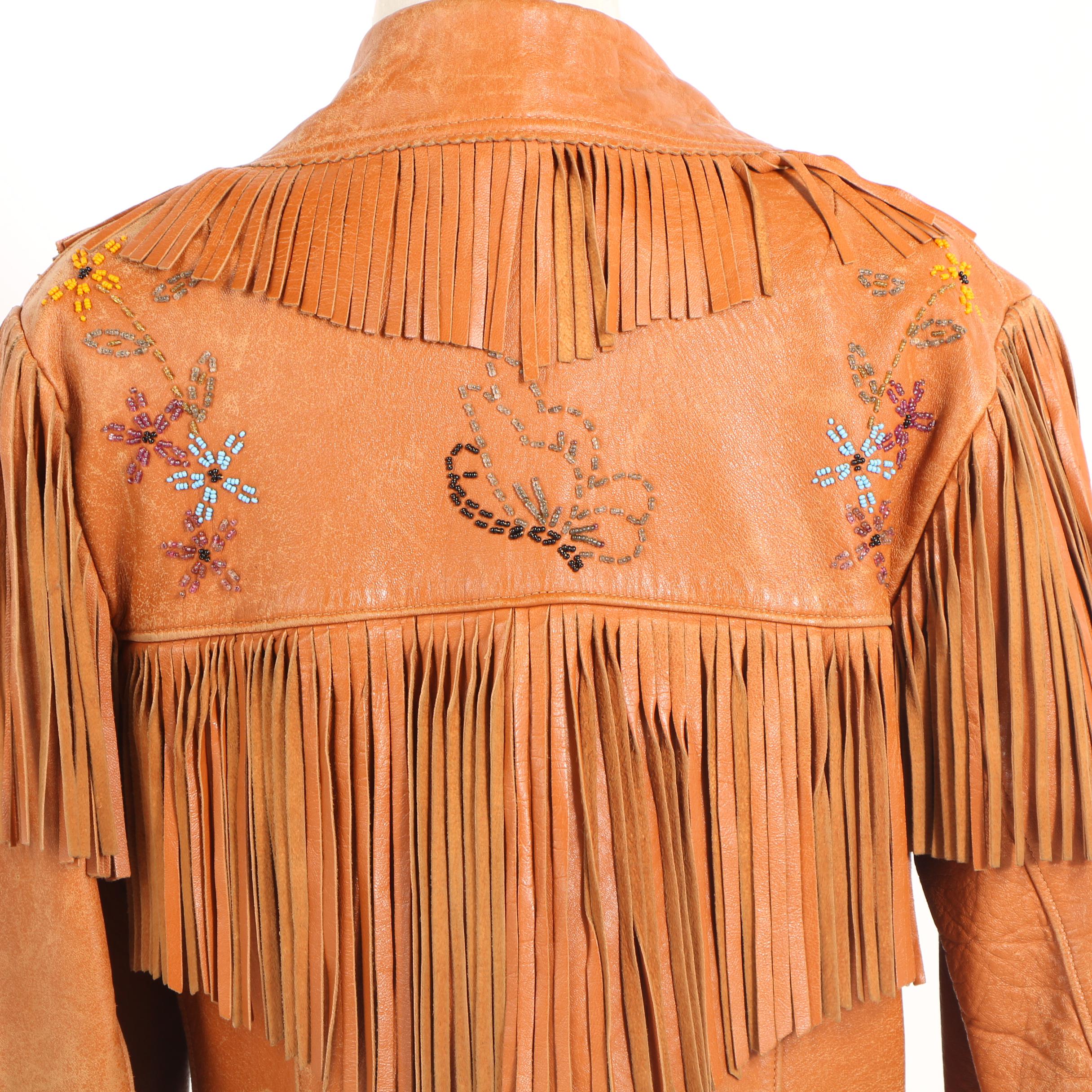 Chris Line Originals Leather Jacket with Fringe and Beaded Flowers, Vintage