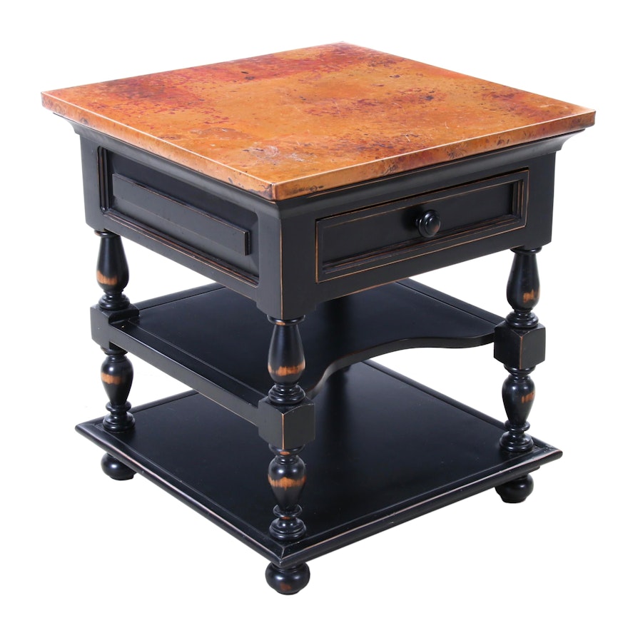 Contemporary Ebonized and Copper-Mounted Three-Tier Side Table