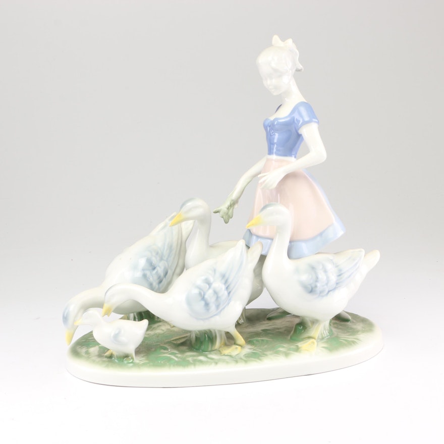Gerold Porzellan Bavaria Girl with Geese Porcelain Figurine